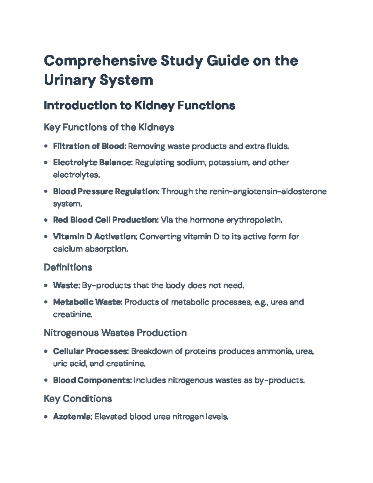 Comprehensive Study Guide on the Urinary System (BIO 101 ...