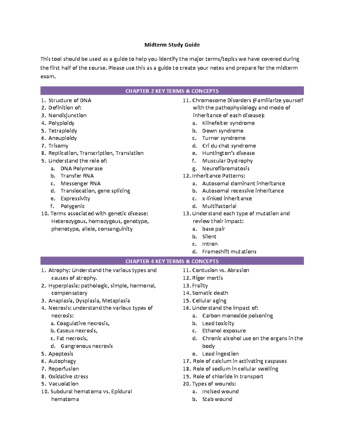 Patho Physiology SC225 Summer 2024 Midterm Study Guide - Studocu