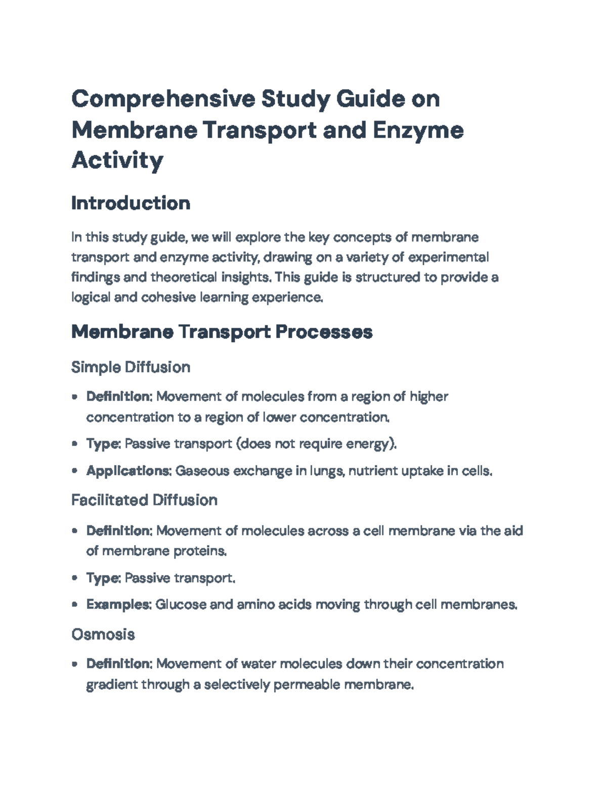 Comprehensive Study Guide on Membrane Transport & Enzyme Activity ...