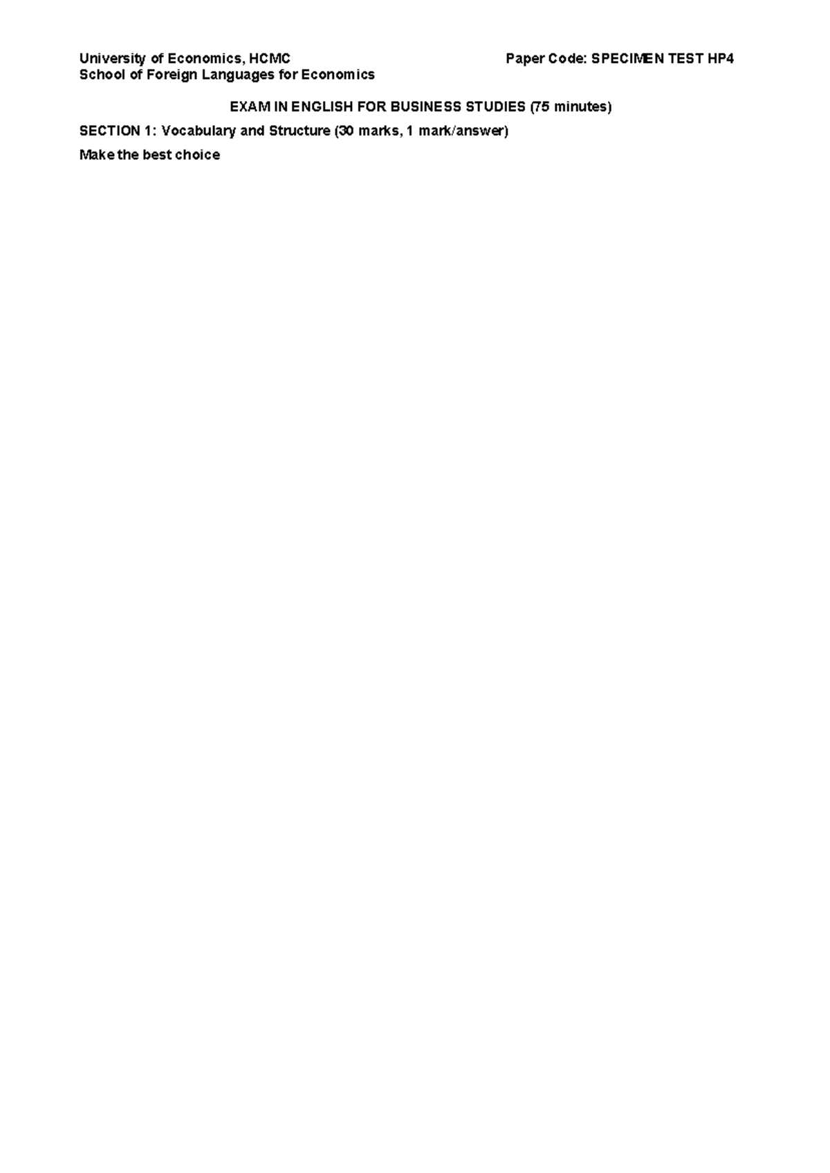 Sample TEST HP4CTTT -SV - University of Economics, HCMC Paper Code ...