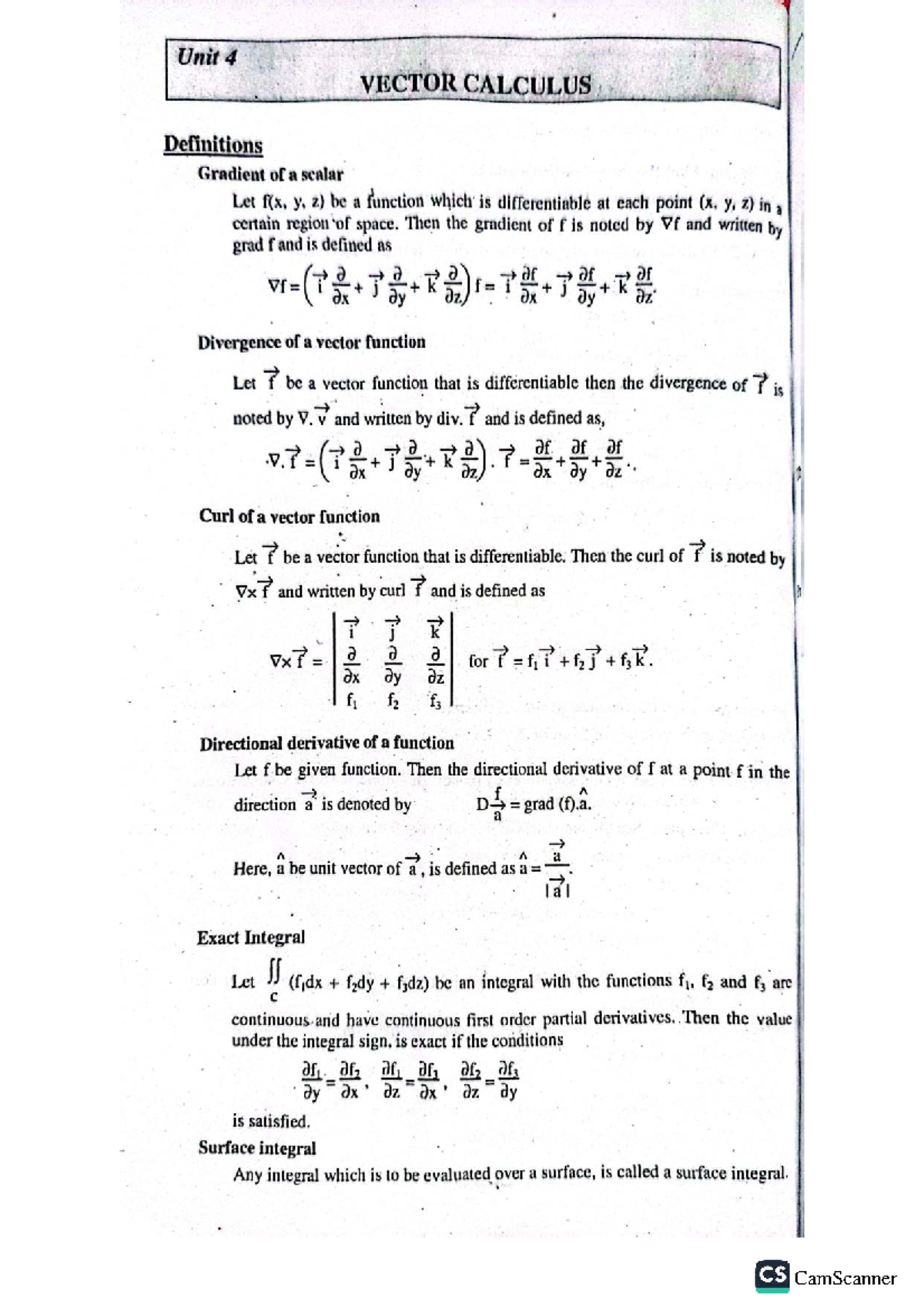 Vector calculus notes are good - Unit 4 VECTOR CALCULUS Definitions ...