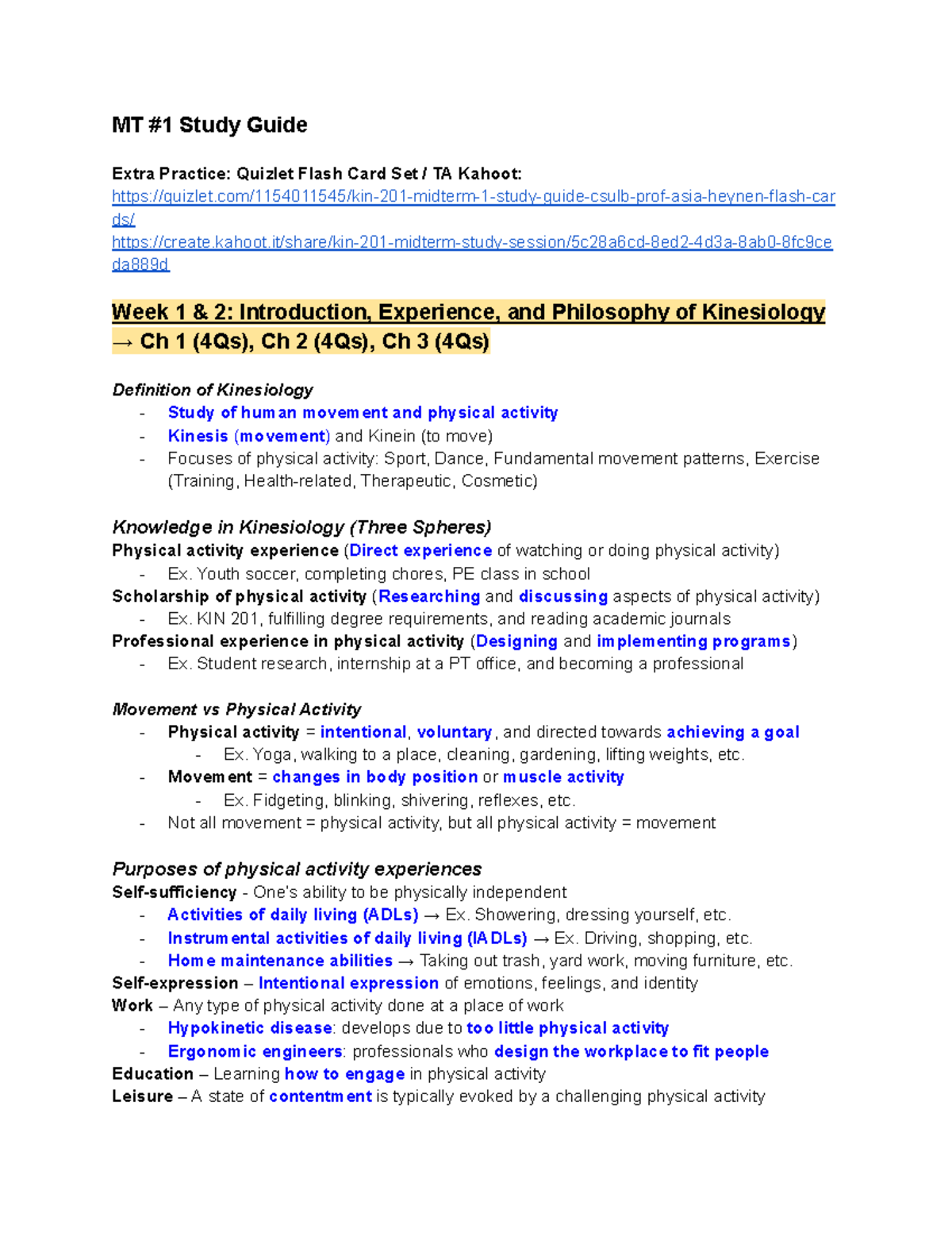 KIN 201 Midterm 1 Study Guide - Studocu