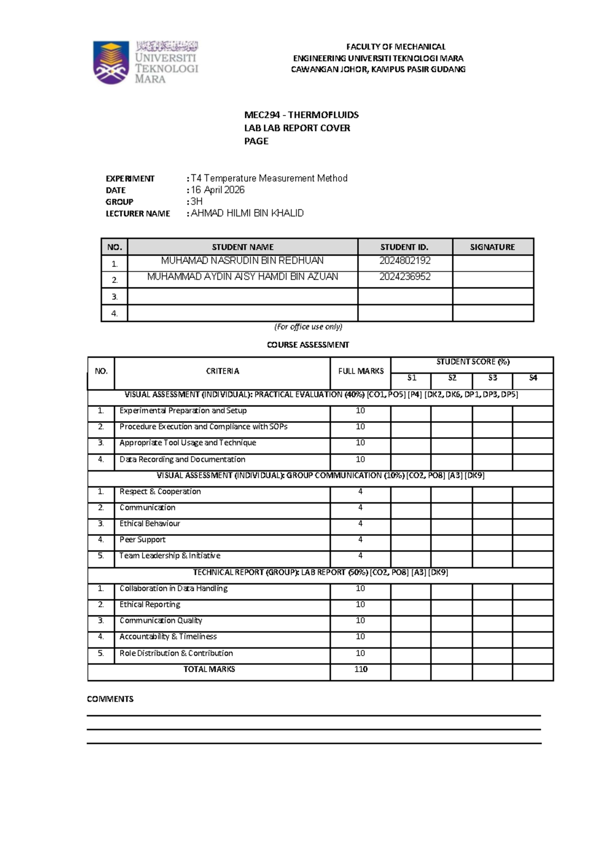 MEC294 Thermofluids Lab Report: T4 Temperature Measurement Method - Studocu