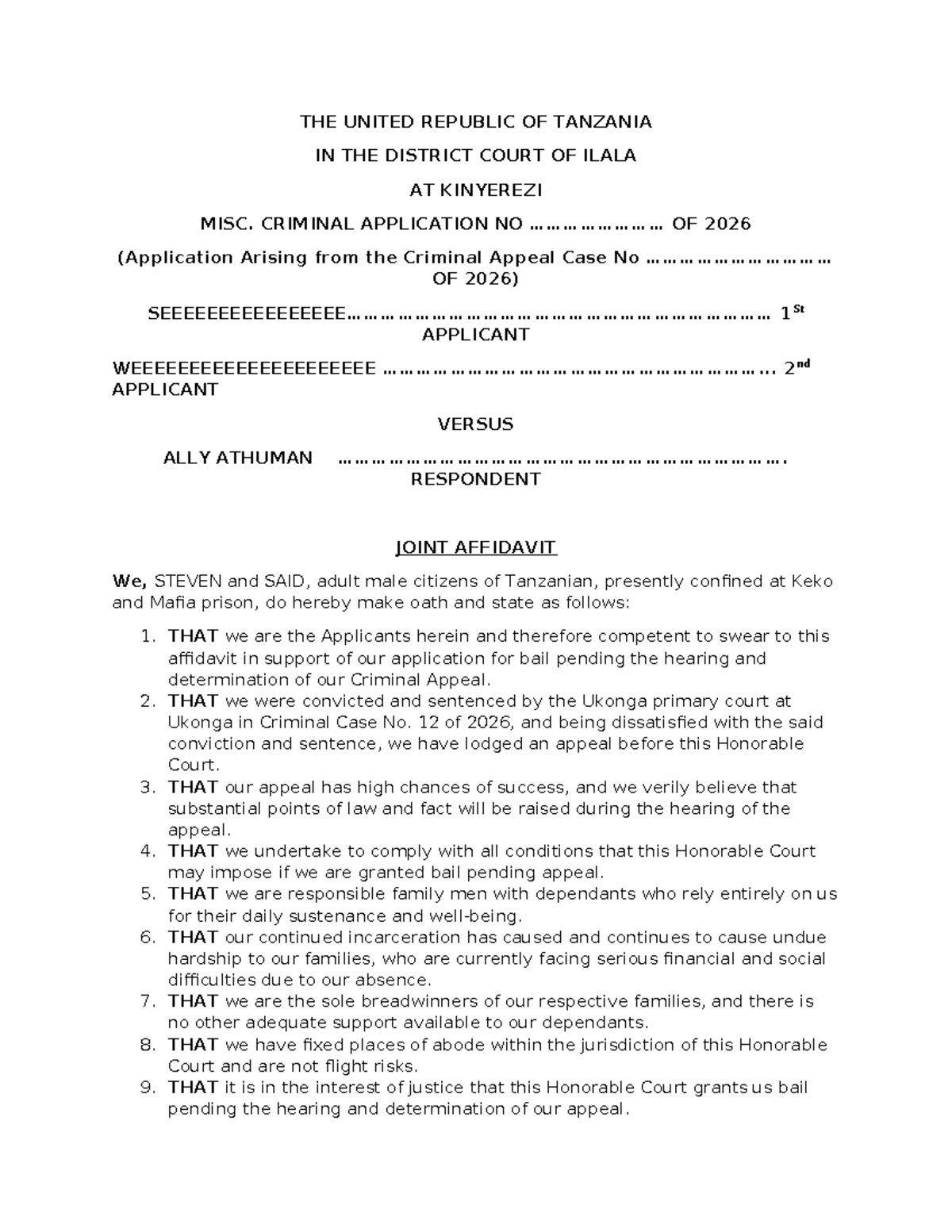 Joint Affidavit for Bail Application in Criminal Case No. 12/2026 - Studocu
