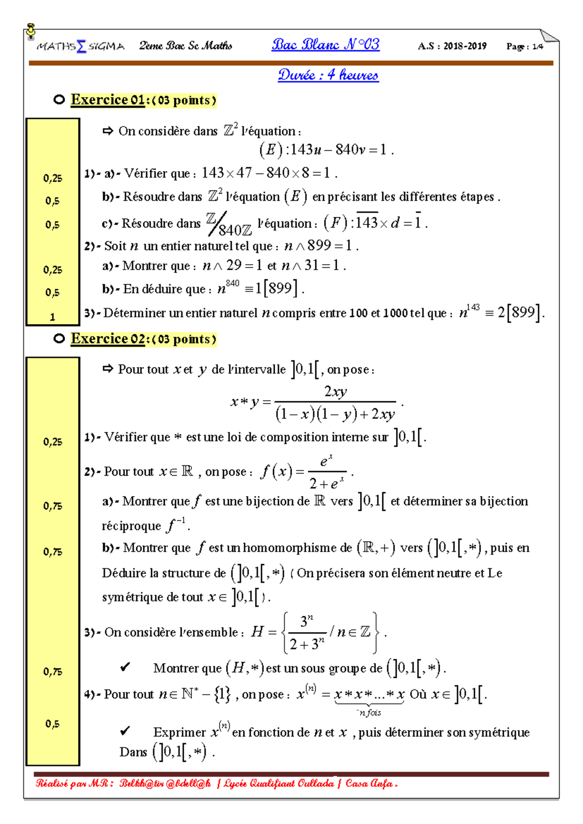 Bac Blanc 2ème Bac Sc Maths A.S : Examen de 4 heures avec exercices ...