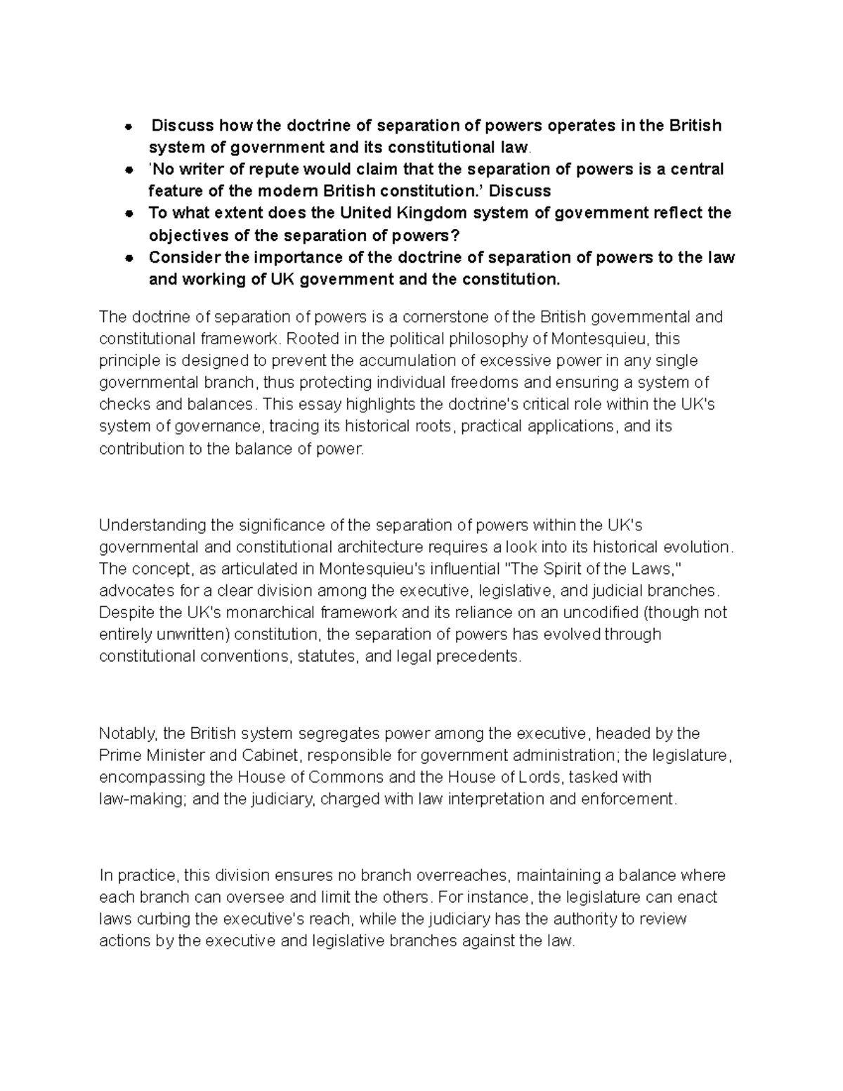Public Law 101: Essays on the Separation of Powers in the UK - Studocu
