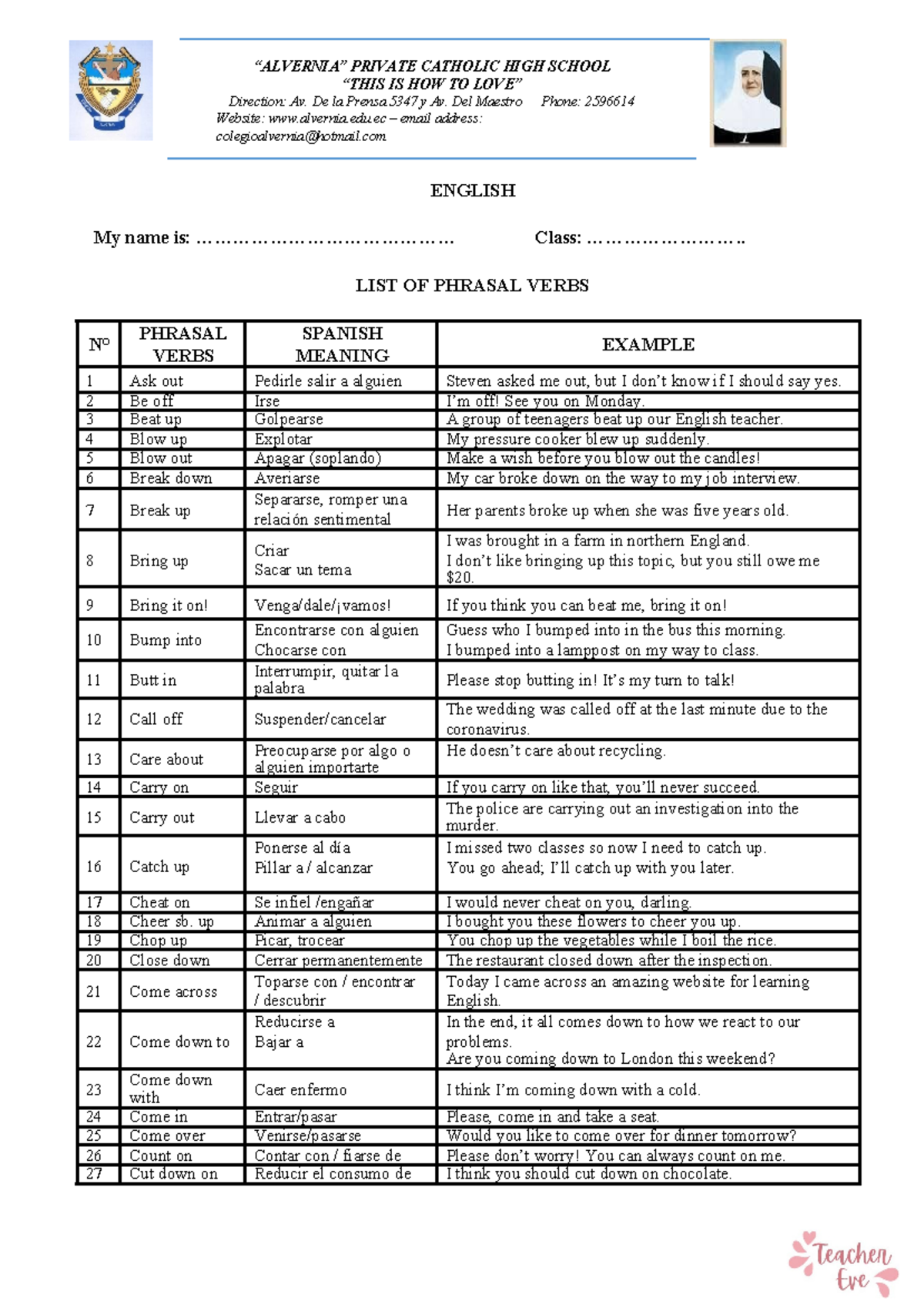 Phrasal Verbs List for English Class: Comprehensive Guide - Studocu