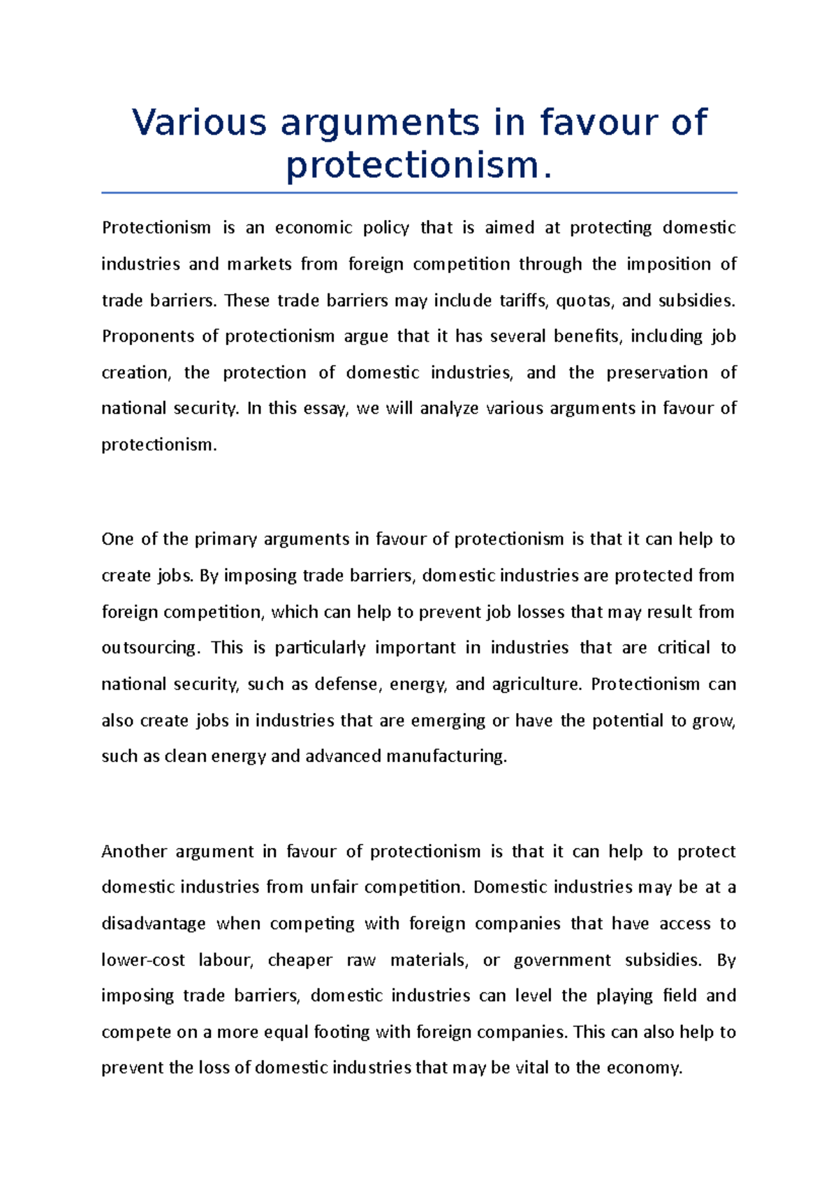 Arguments Supporting Protectionism: A Comprehensive Analysis - Studocu