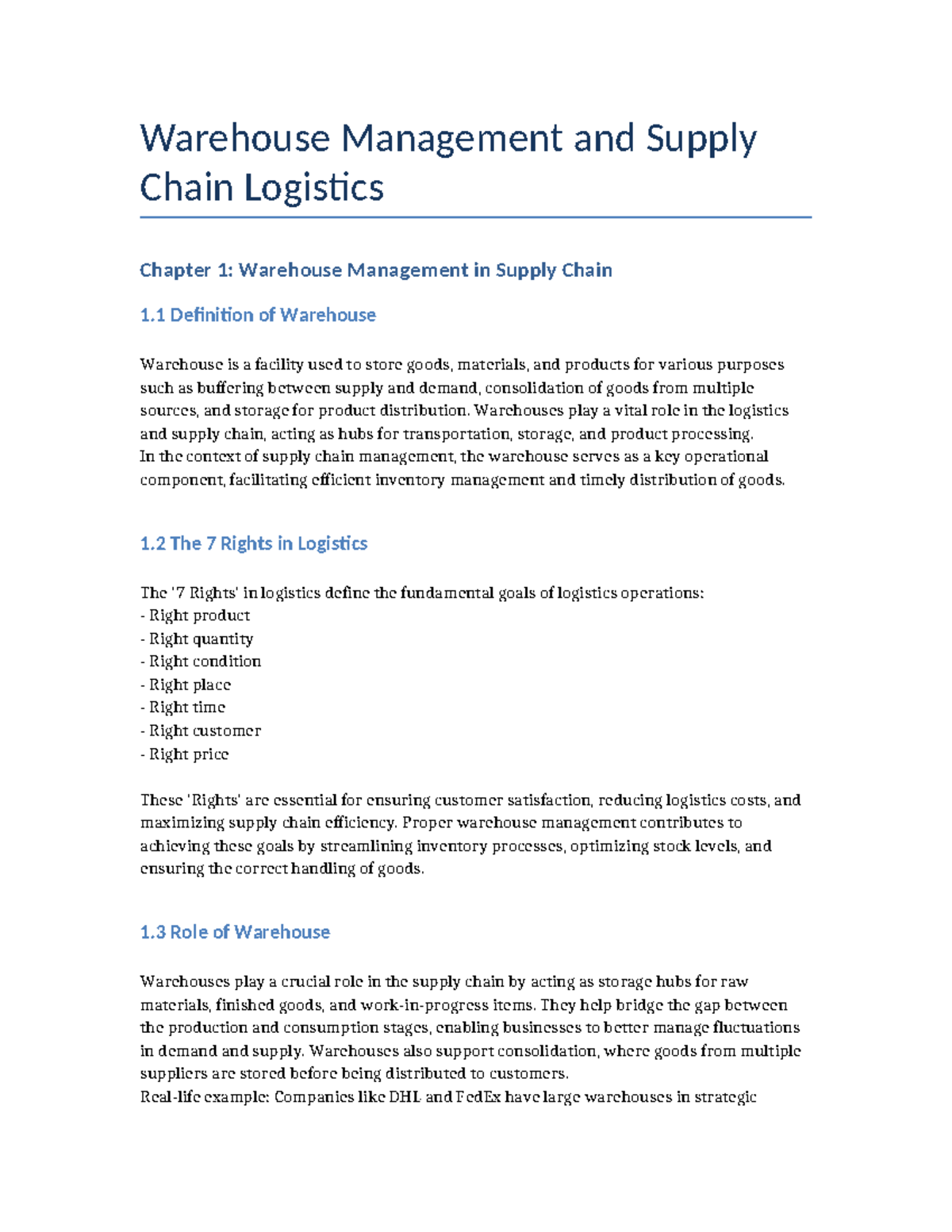 Warehouse Management CH1: Key Concepts in Supply Chain Logistics - Studocu