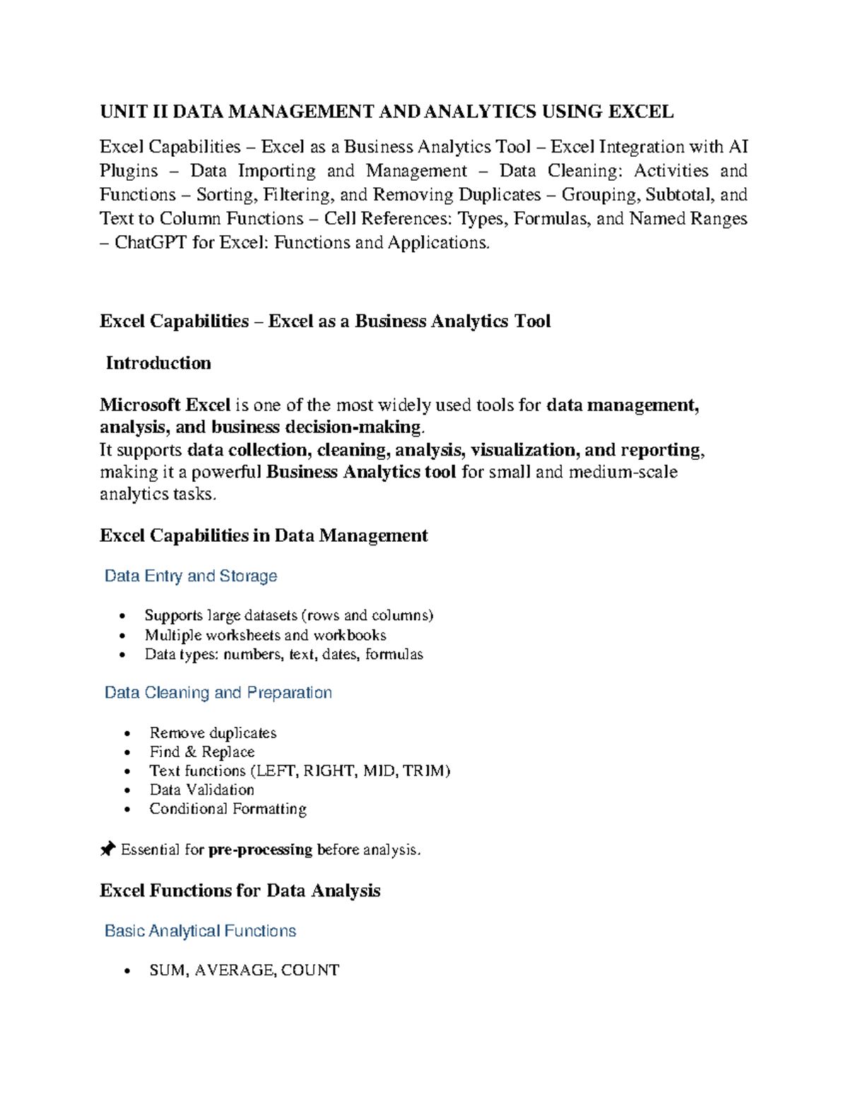 UNIT II BA: Data Management & Analytics Using Excel - Studocu