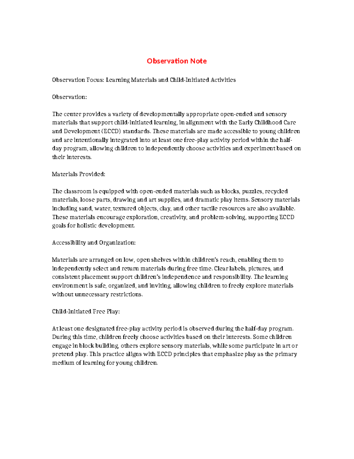 ECCD Observation Note: Learning Materials & Activities for 3-4 Years ...