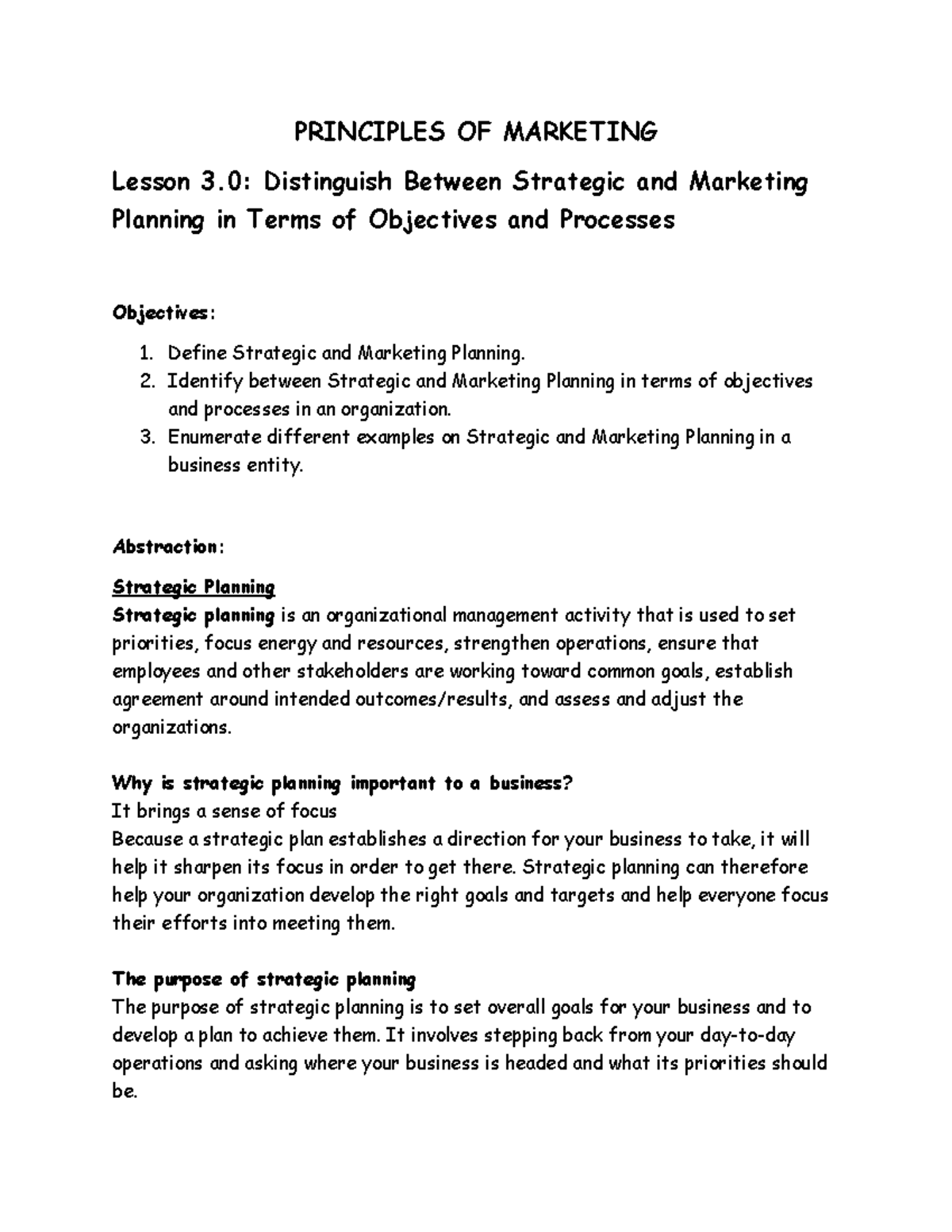 Principles of Marketing L3: Strategic vs Marketing Planning Insights ...
