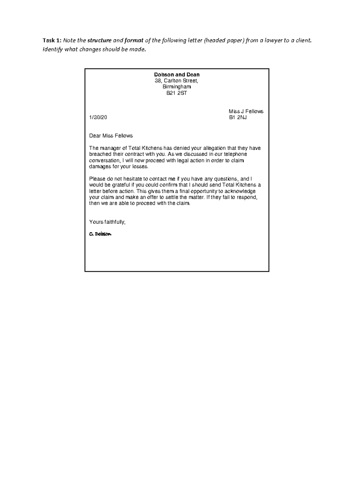 Week 3 - Task 1: Analyzing Legal Letter Structure and Format - Studocu