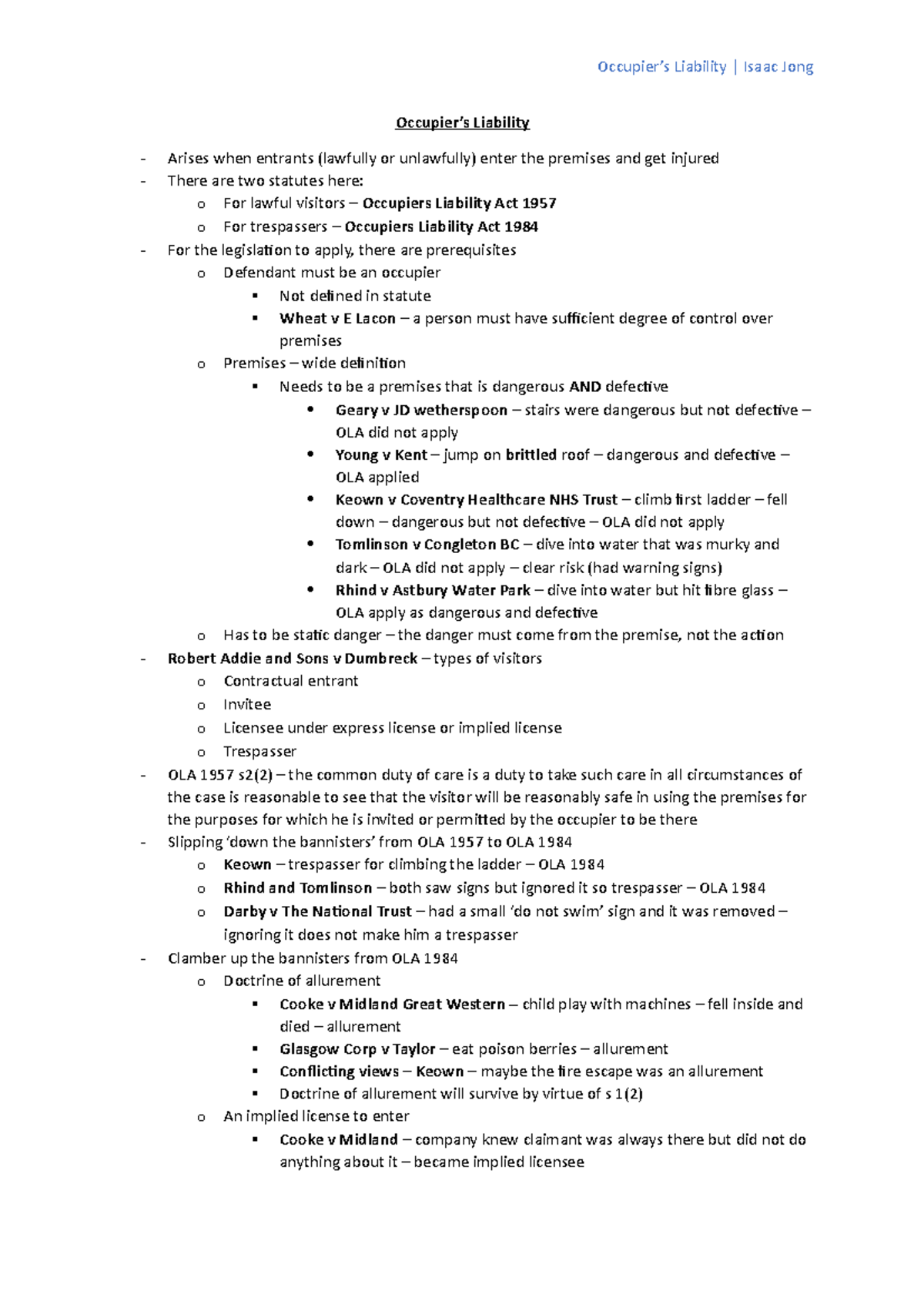 Occupier's Liability Lecture Notes - Law 101 Exam Prep by Isaac Jong ...