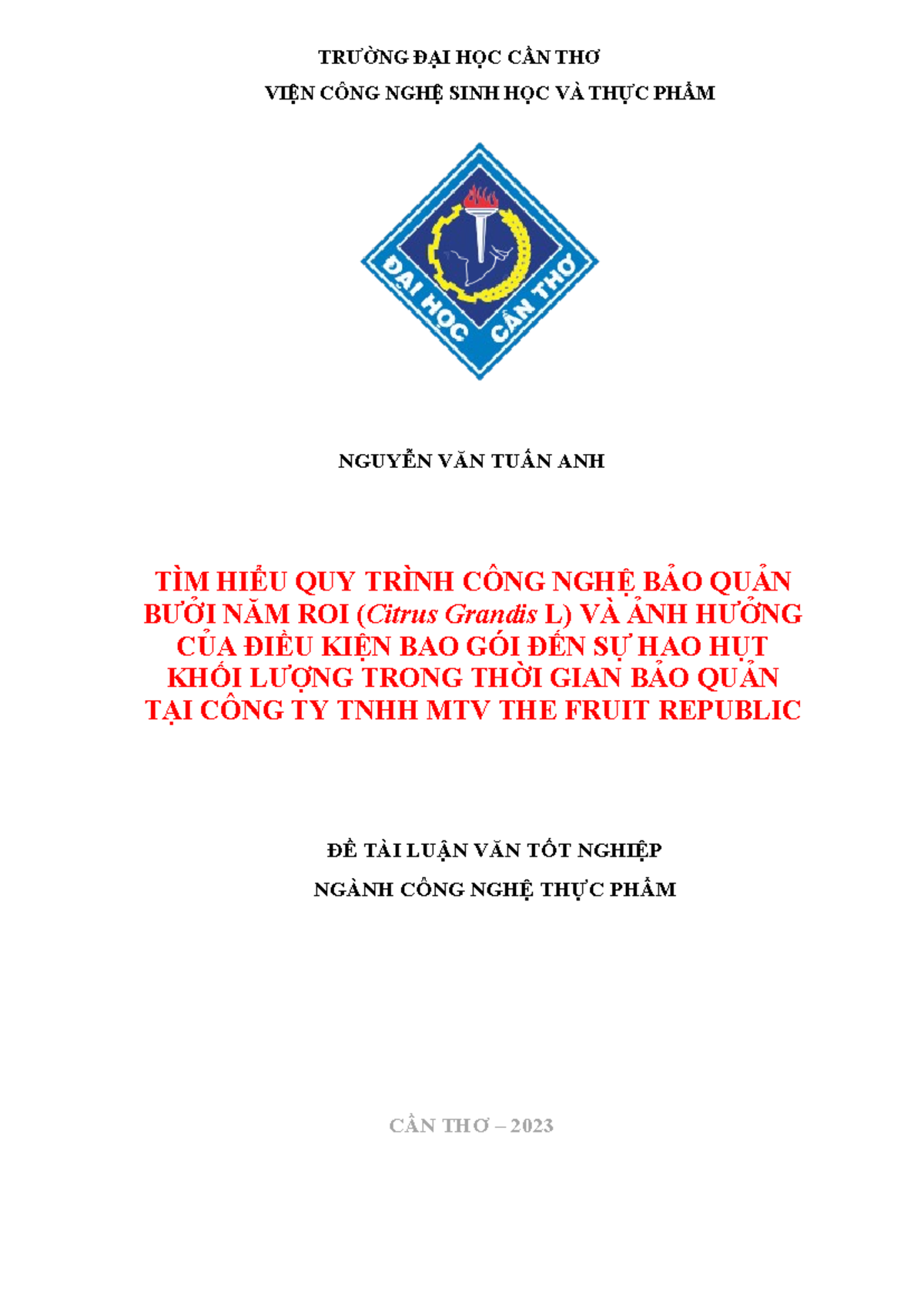 LVTN-TUẤN ANH: Nghiên Cứu Quy Trình Bảo Quản Bưởi Năm Roi 2023 - Document Preview