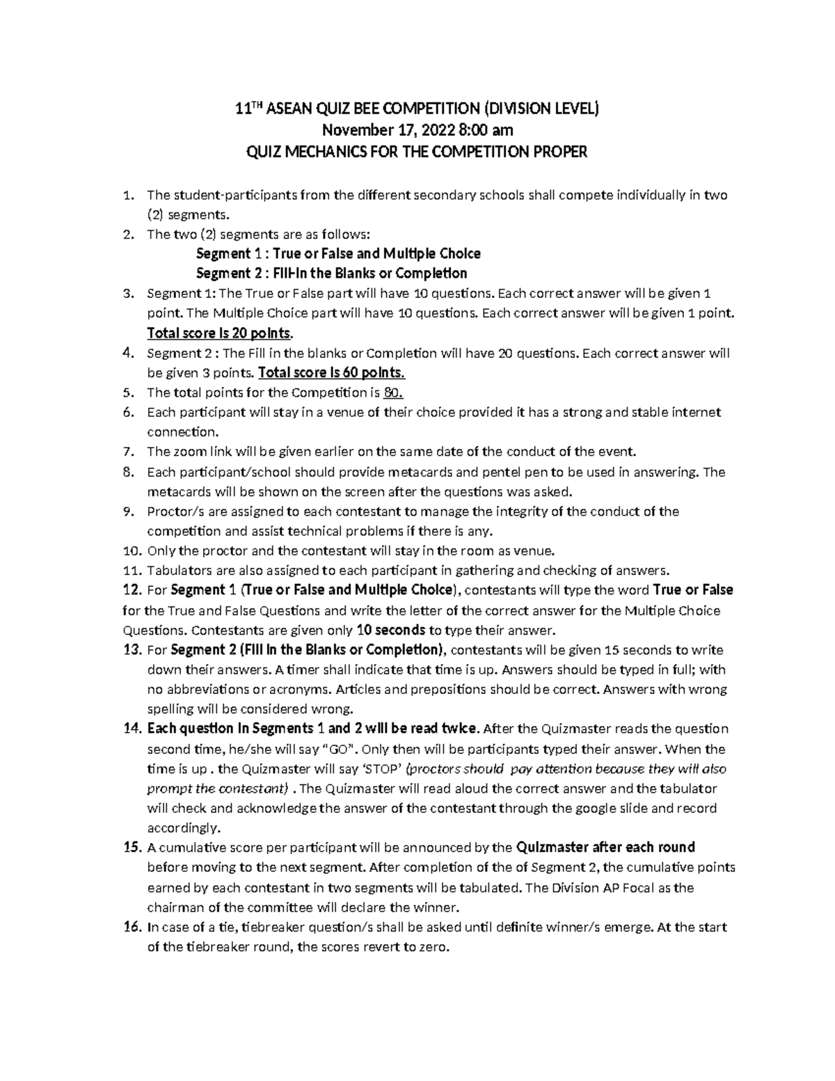 11TH ASEAN QUIZ BEE Competition Mechanics Guidelines - Studocu