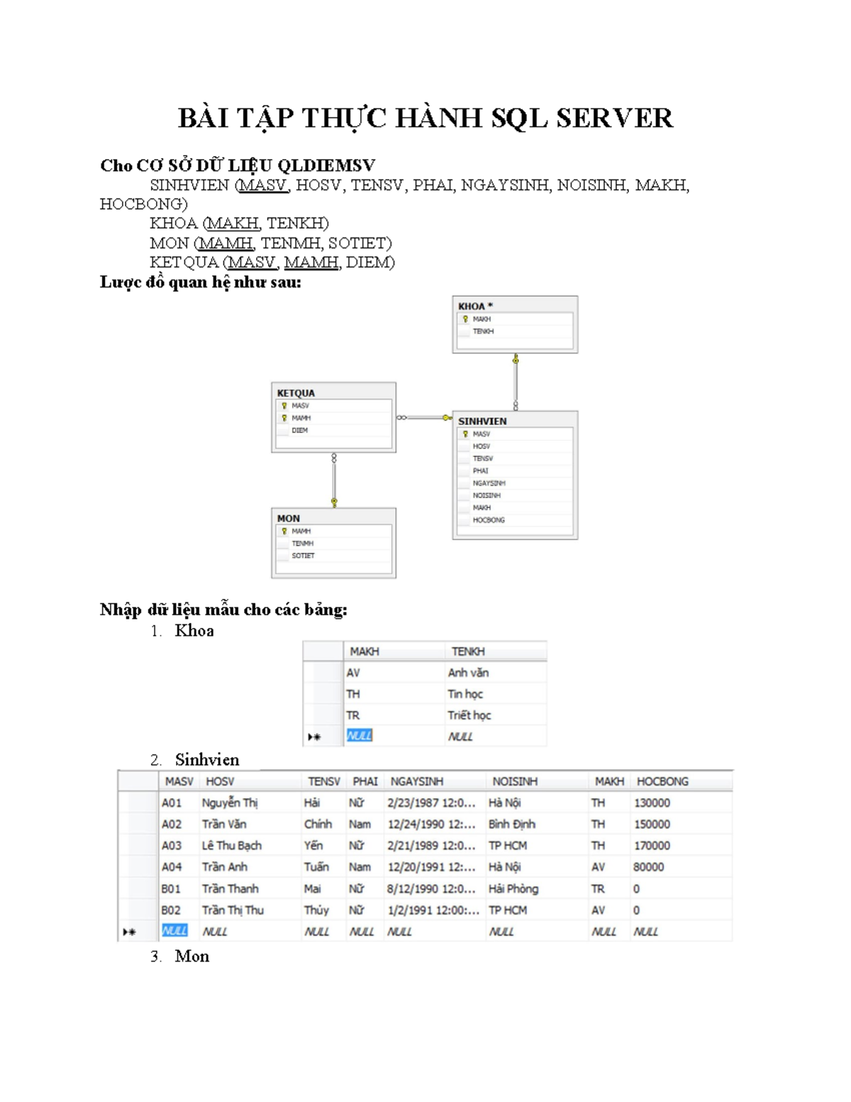 BÀI TẬP THỰC HÀNH SQL SERVER 2022 Cho CƠ SỞ DỮ LIỆU QLDIEMSV - Studocu