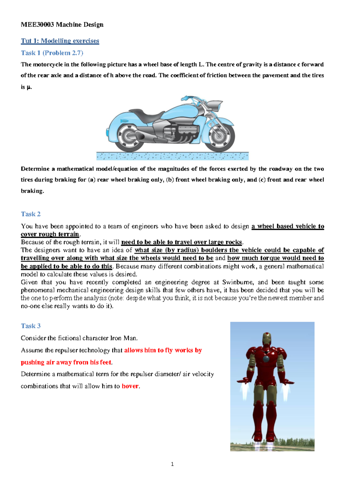MEE30003 Machine Design: WEEK 1 Tutorial Handout and Exercises - Studocu
