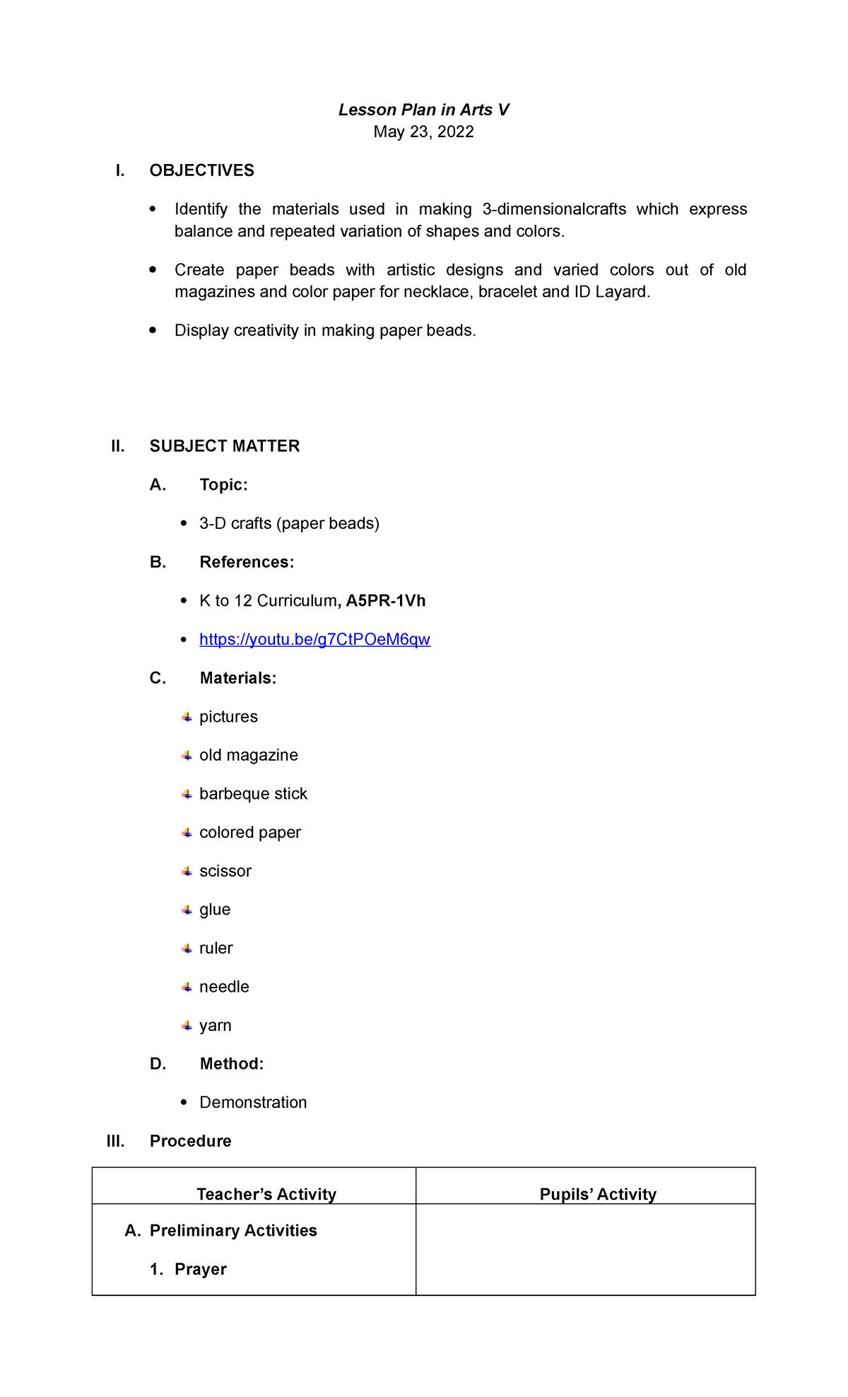 Lesson Plan for Arts V: 3D Crafts Using Paper Beads - Studocu