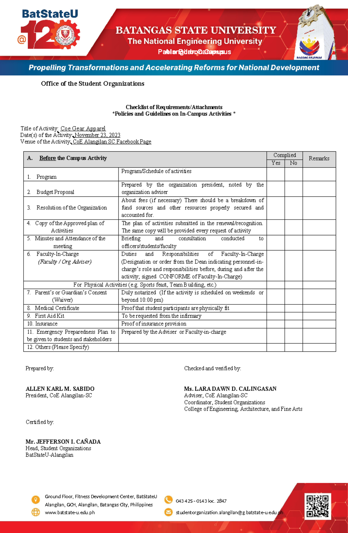 Checklist of Requirements for Campus Activities - BatStateU - Studocu