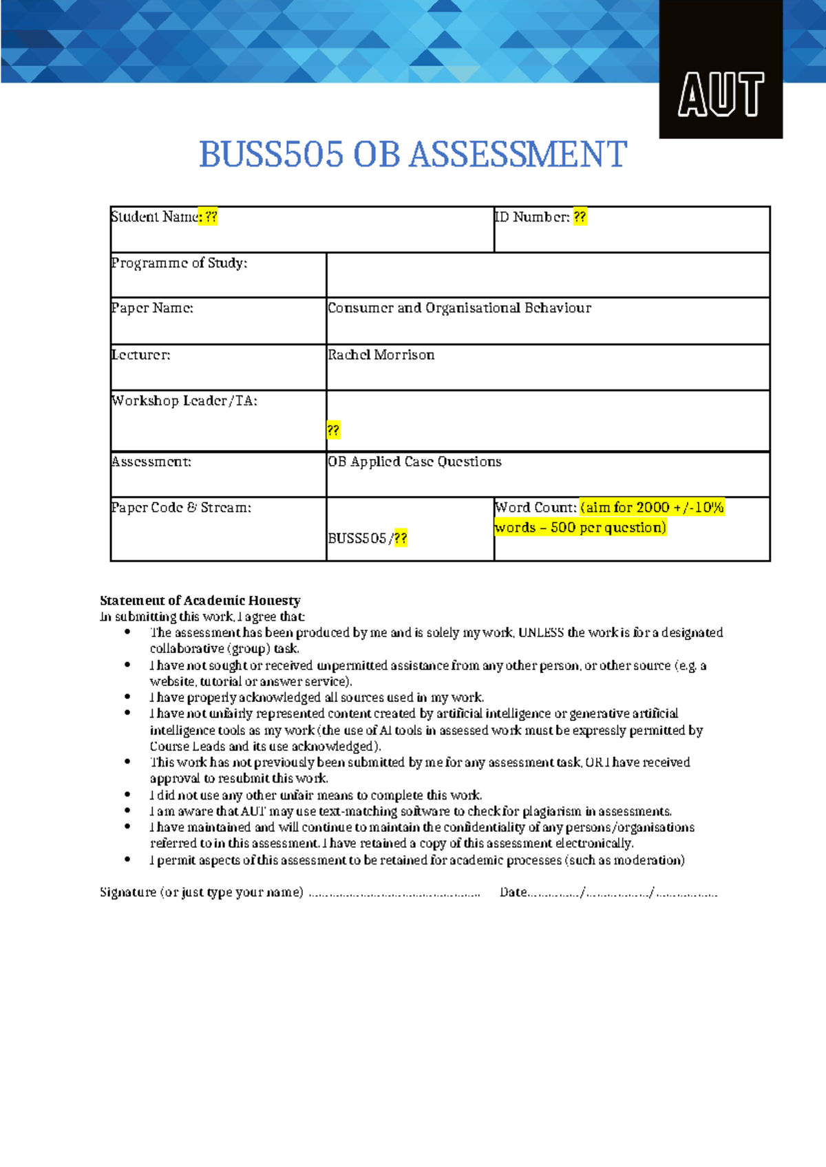BUSS505 OB Assessment: Consumer & Org Behaviour Case Questions - Studocu