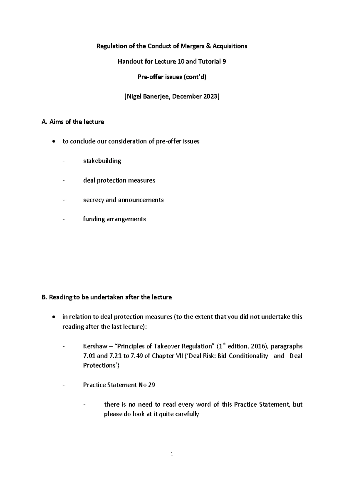 Regulation of Mergers & Acquisitions: Lecture 3 & Tutorial 2 Overview ...