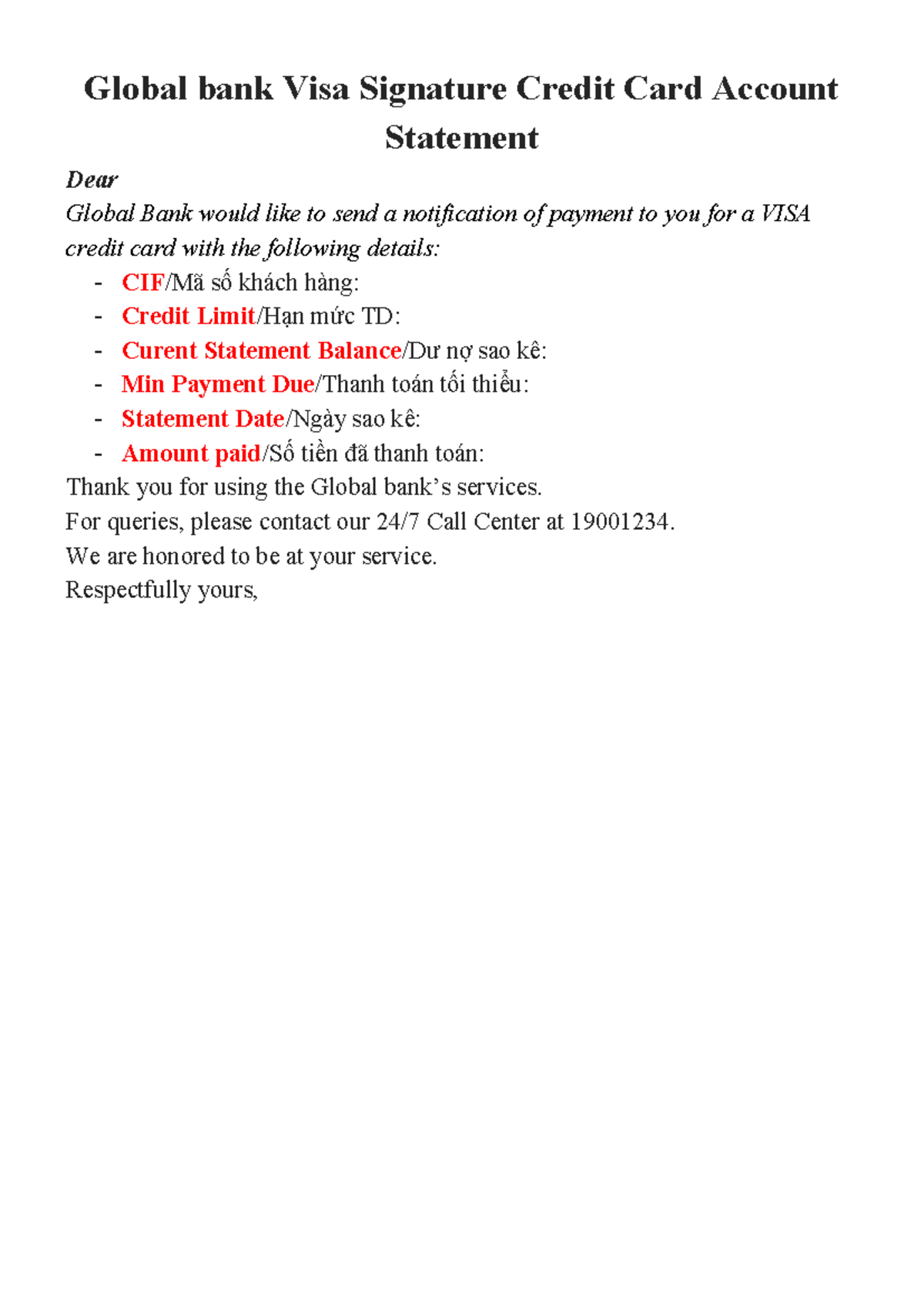Global Bank VISA Signature Credit Card Account Statement - Studocu