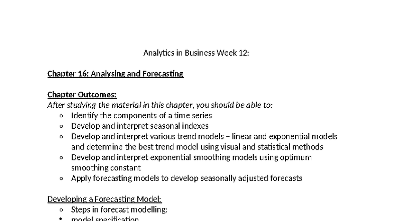 Analytics in Business (Week 12): Chapter 16 - Forecasting Models and ...