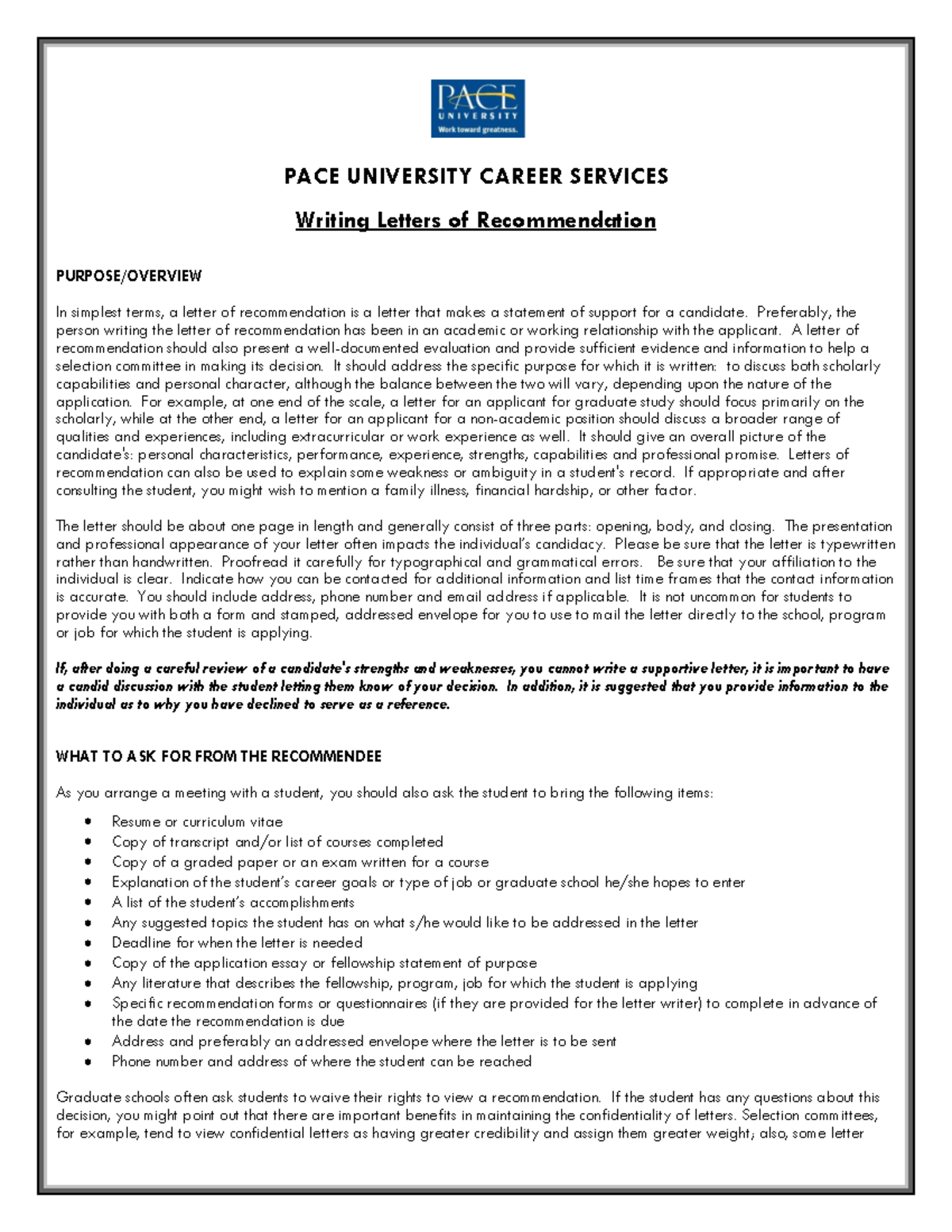 Writing letters of recommendation - PACE UNIVERSITY CAREER SERVICES ...