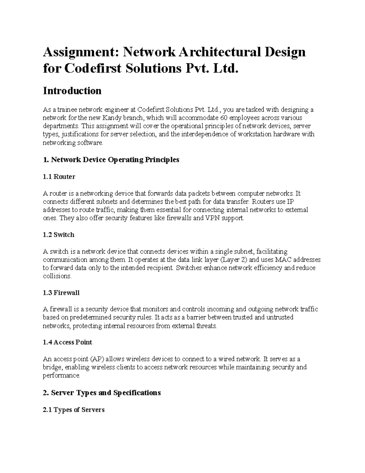 Assignment: Network Architectural Design for Codefirst Solutions Pvt ...