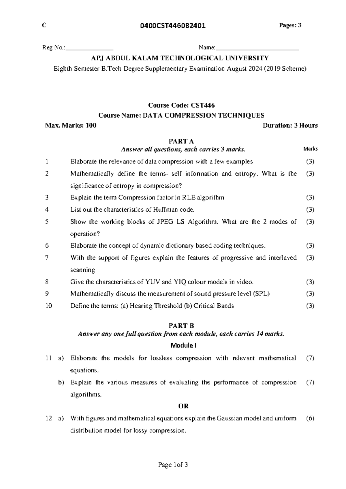 CST446 Data Compression Techniques - Eighth Sem Supplementary Exam 2024 ...