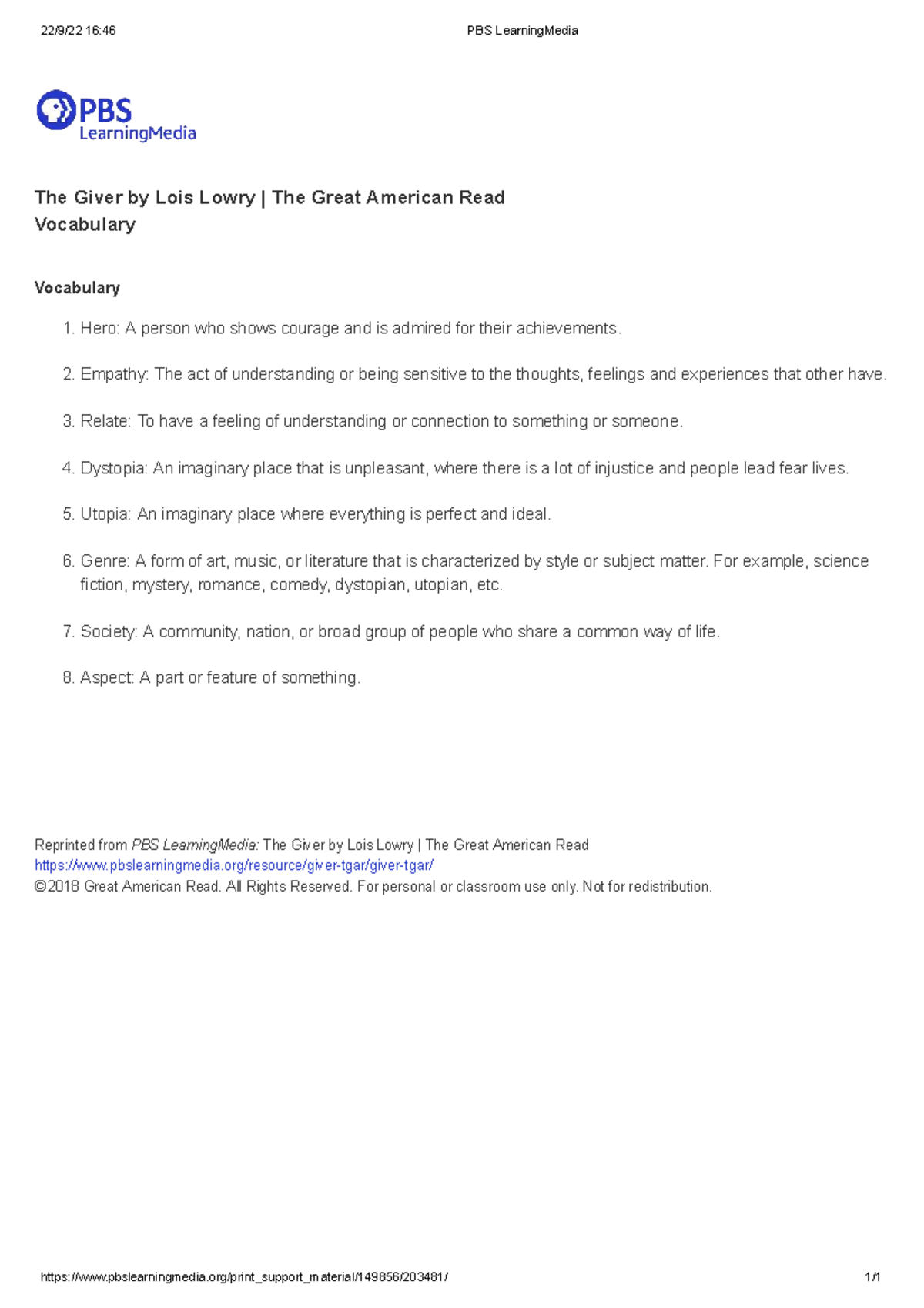 16:46 PBS LearningMedia: The Giver Vocabulary Notes - Studocu