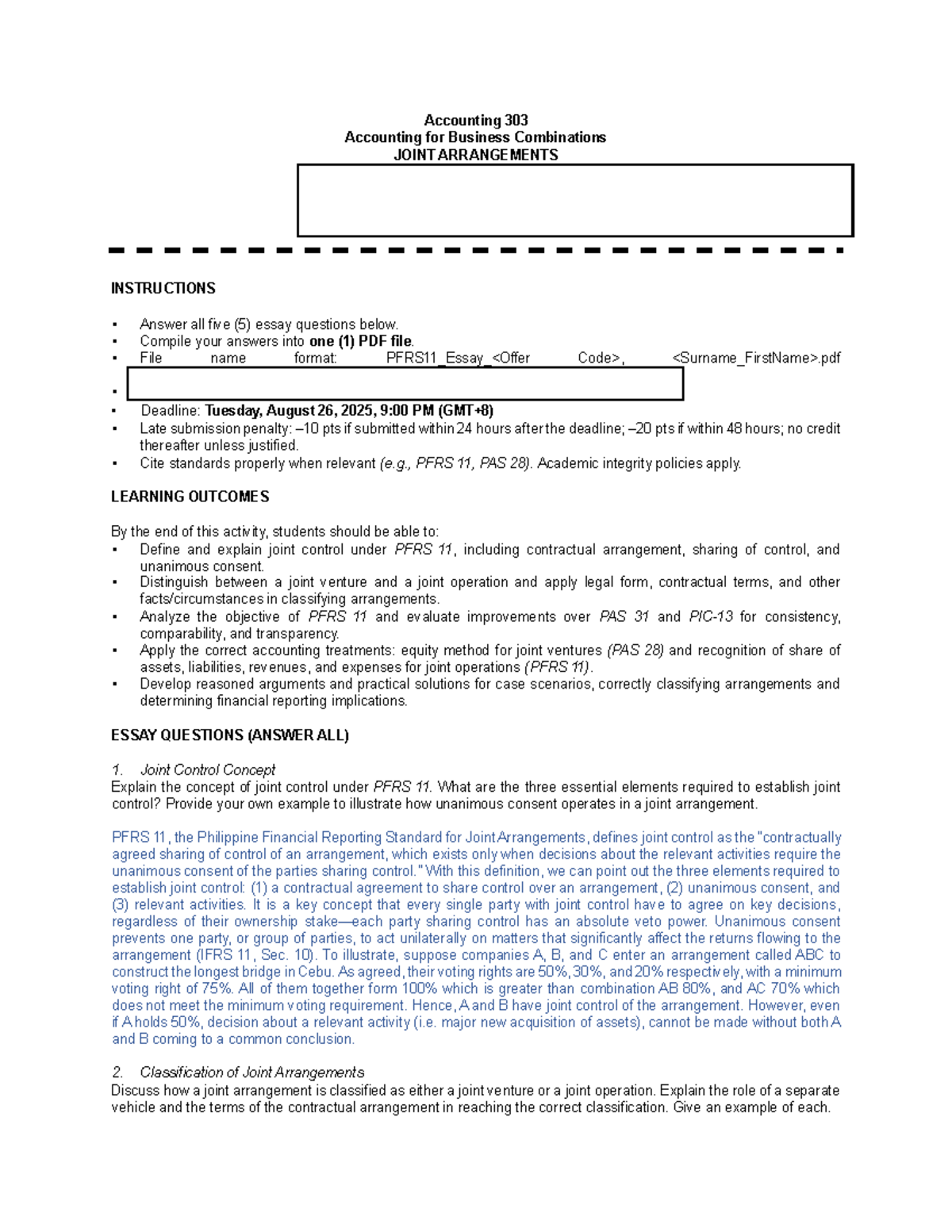 Accounting 303: PFRS 11 Essay on Joint Arrangements and Control - Studocu