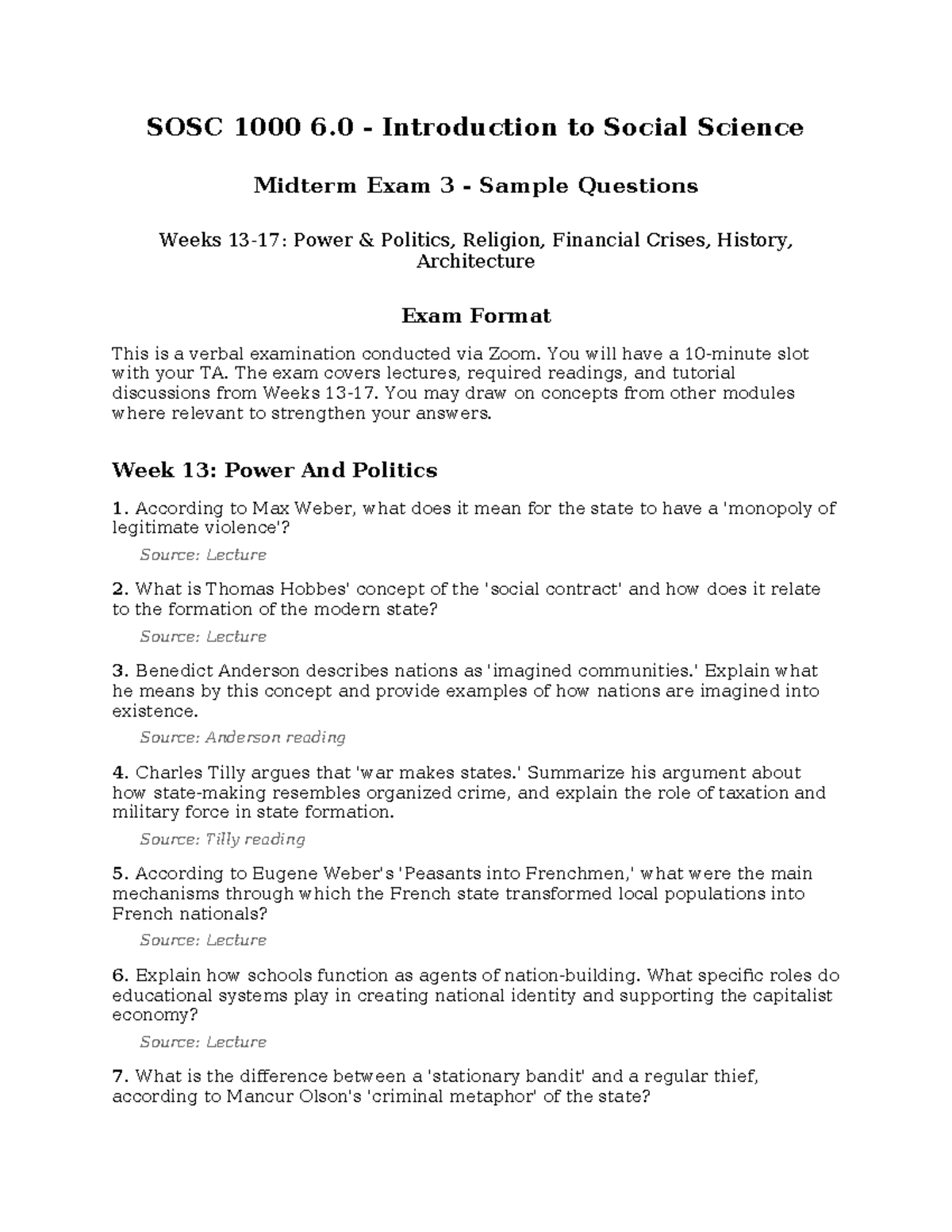 SOSC 6.0 Midterm Exam 3 Sample Questions: Power, Politics & History ...