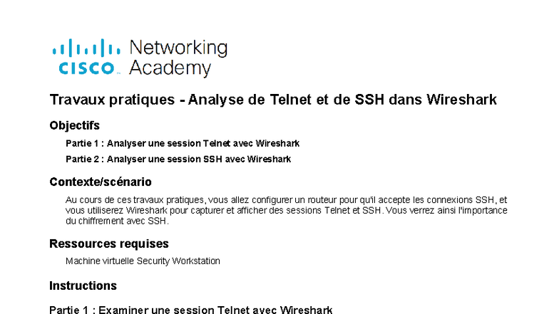 TP: Analyse de Telnet et SSH avec Wireshark (FR 8 1 14) - Studocu