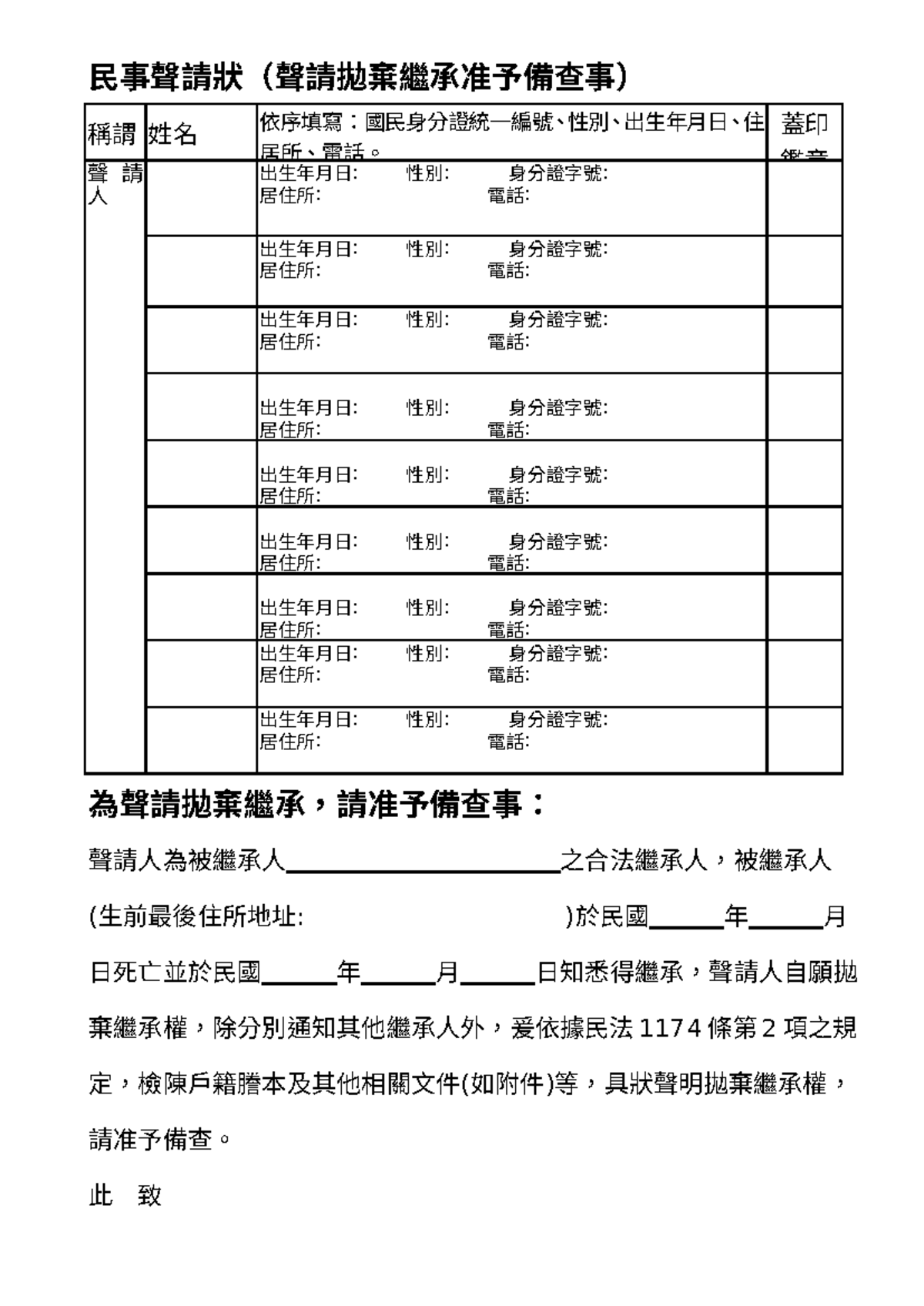 D02-民事聲請拋棄繼承狀(單頁)1 - 台灣繼承權範例- 民事聲請狀（聲請拋棄繼承准予備查事）  稱謂姓名依序填寫：國民身分證統一編號、性別、出生年月日、住居所、電話。 蓋印鑑章