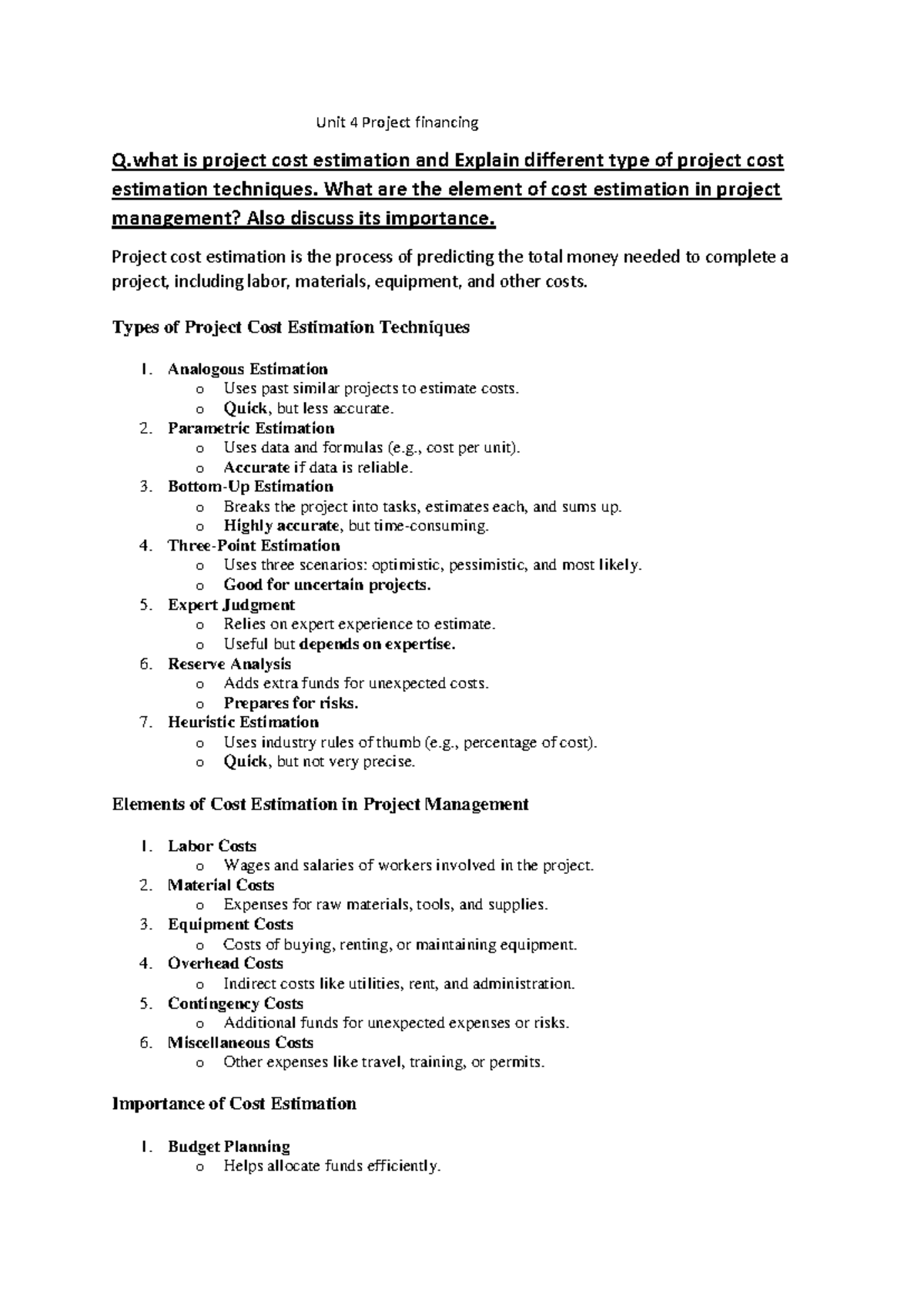 Unit 4 Project Financing: Cost Estimation, Working Capital & Risk ...