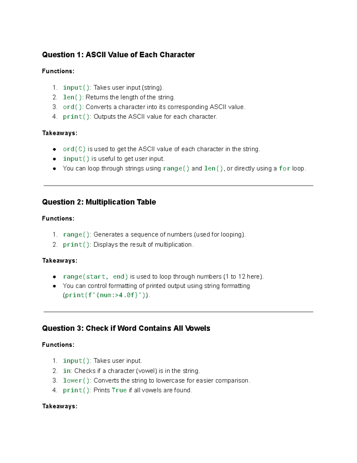 condense version - Question 1: ASCII Value of Each Character Functions ...
