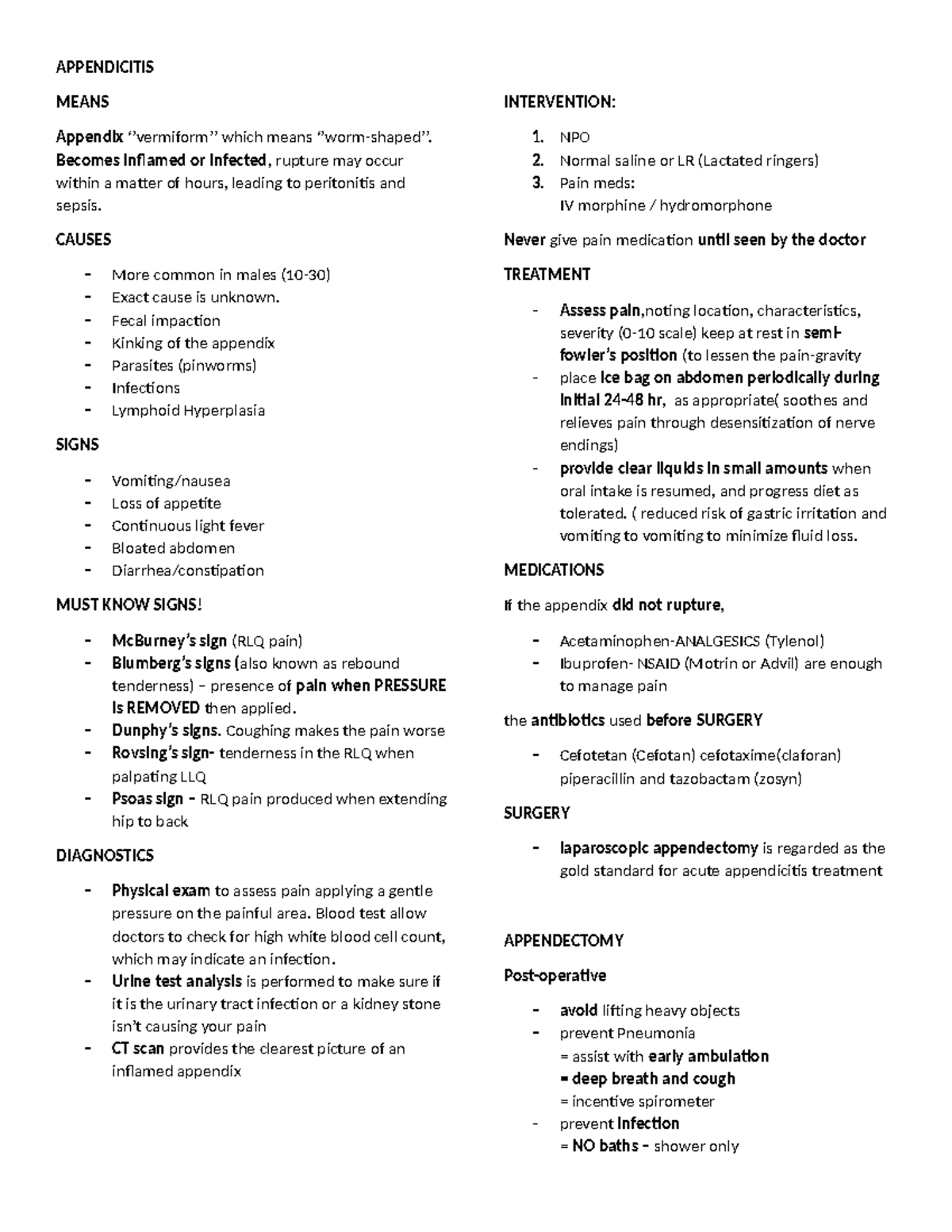 APPENDICITIS INTERVENTION: Causes, Signs, and Treatment Guide - Studocu