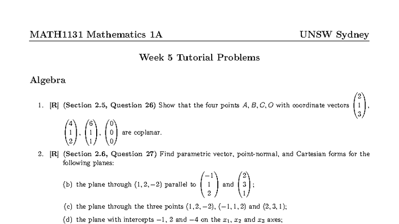 MATH1131 Week 5 Tutorial Problems - Algebra & Planes - Studocu