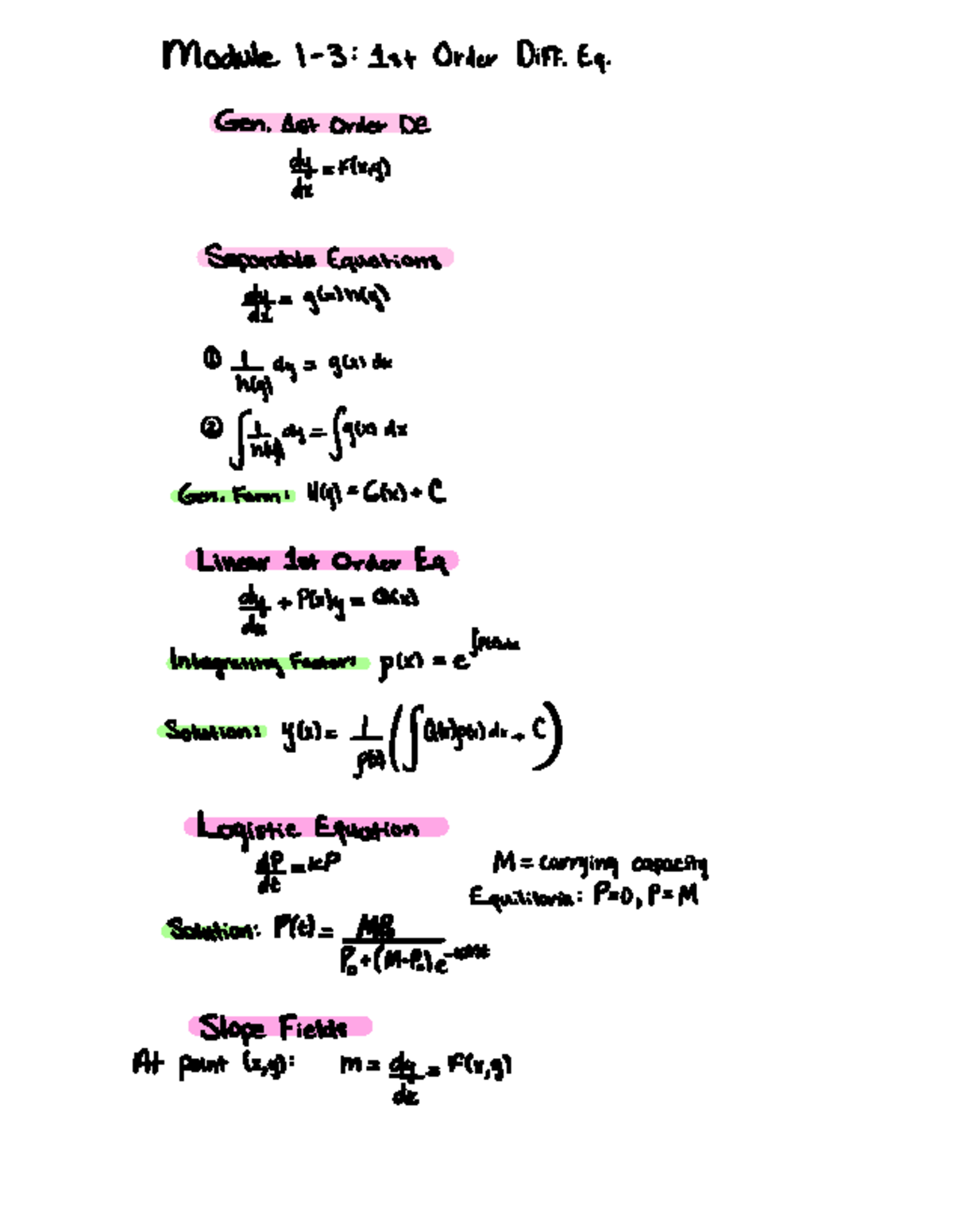 Module 1: 1st Order Differential Equations Formula Sheet - Studocu