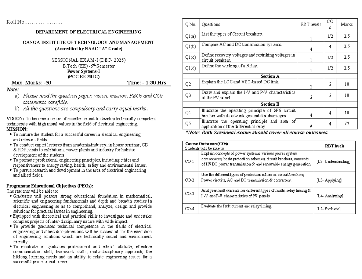 B.Tech (EE) Sessional 2025: Power Systems Exam Questions - Studocu