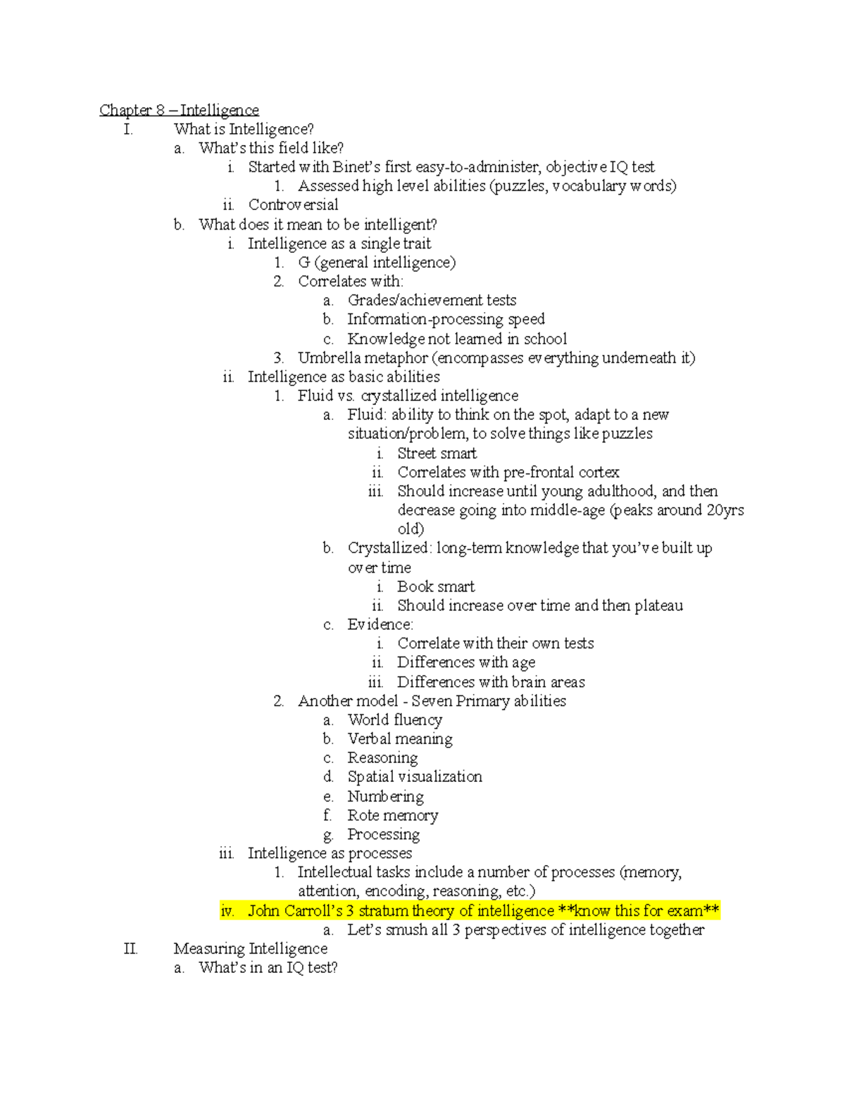 Chapter 8 - Lecture notes 8 - Chapter 8 – Intelligence I. What is ...