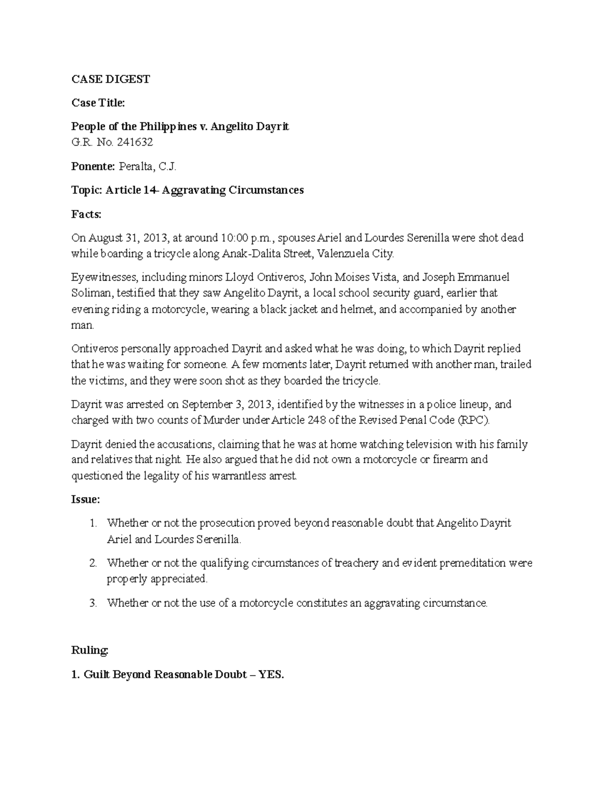 CASE DIGEST: People v. Dayrit G.R. No. 241632 - Murder Ruling Analysis ...