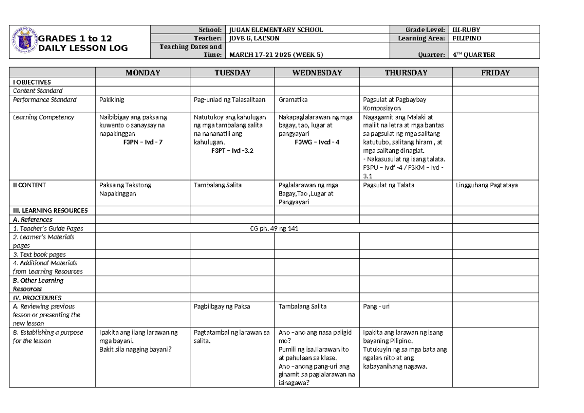 DLL Filipino 3 Q4 W5 - FOR REFERENCE - GRADES 1 to 12 DAILY LESSON LOG ...