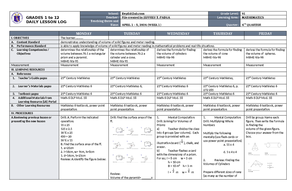 DLL Mathematics 6 Q4 W1 - GRADES 1 to 12 DAILY LESSON LOG School ...