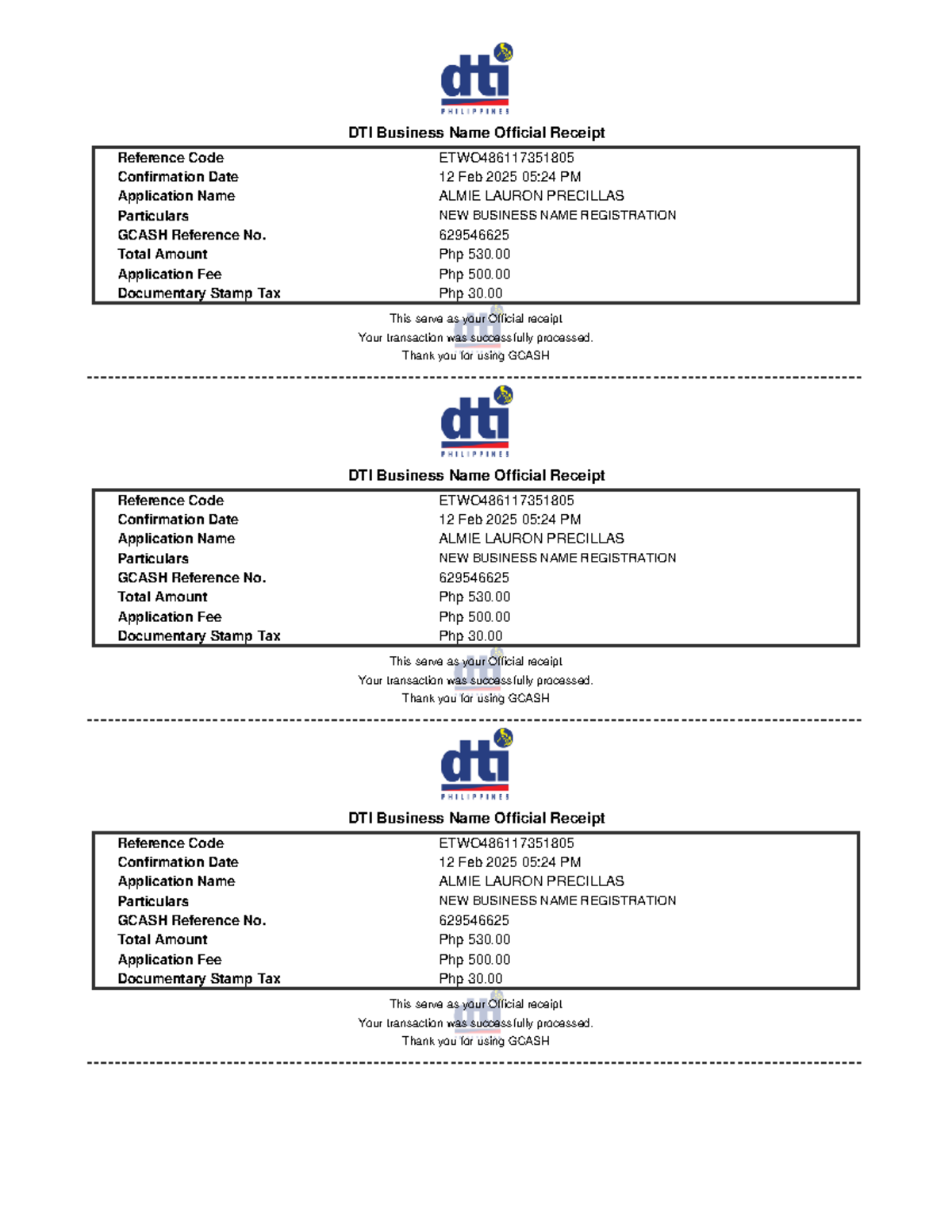 Official Receipt for DTI Business Name Registration - OR ...