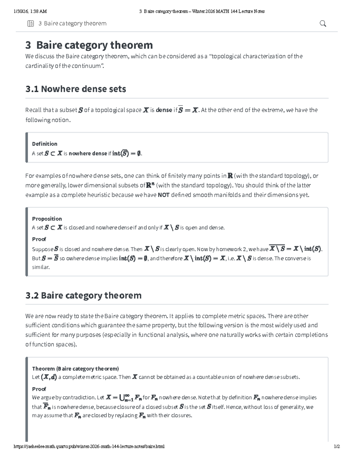 Winter 2026 MATH 144 Lecture Notes: Baire Category Theorem - Studocu