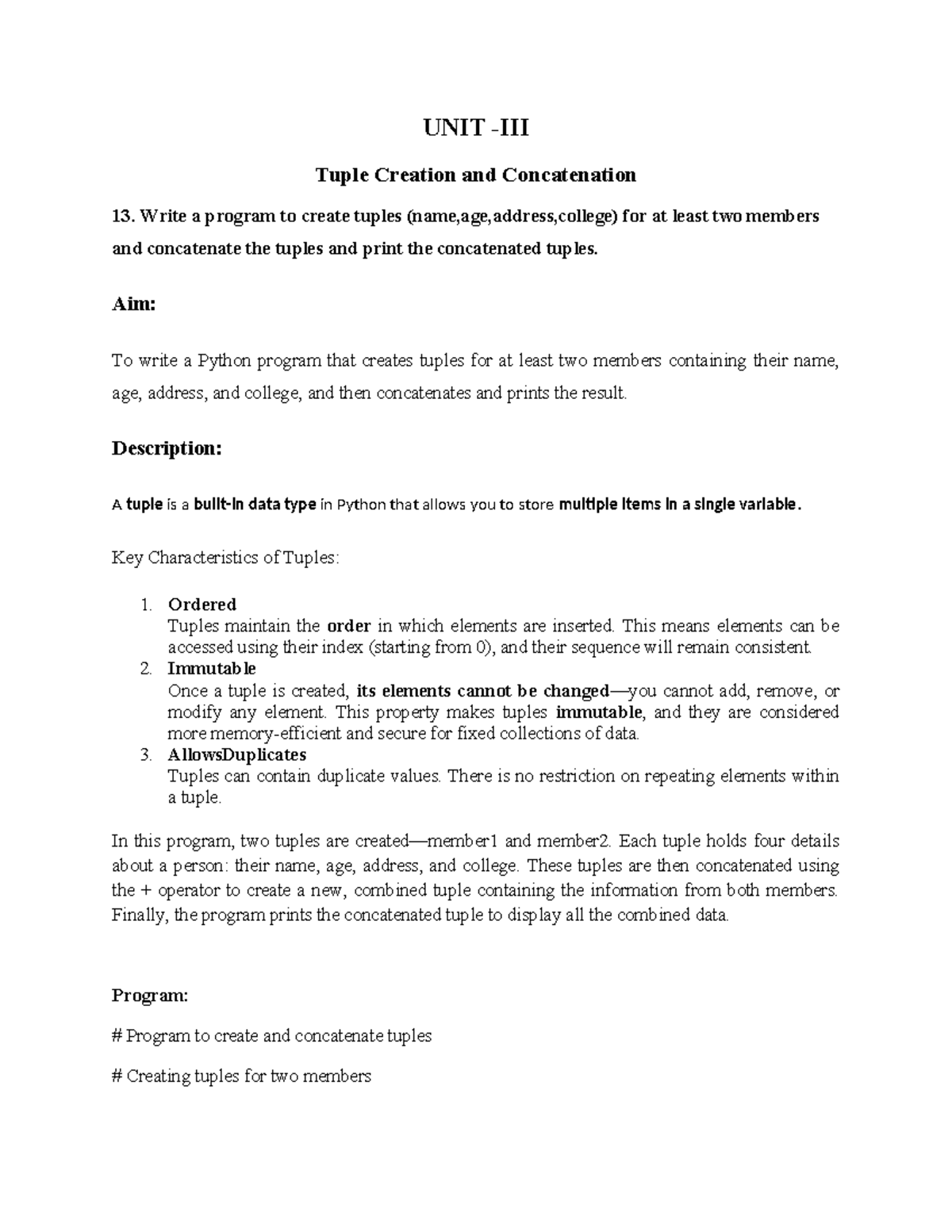 UNIT3 Python Programming: Tuple Creation, Concatenation & Dictionary ...