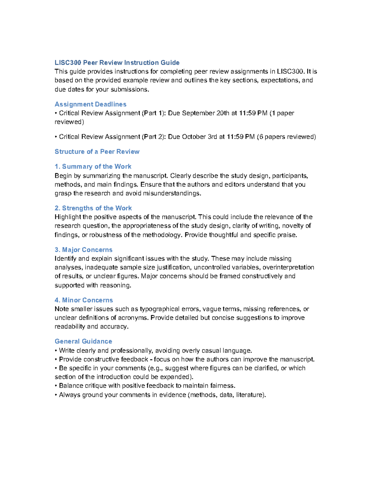 LISC300 Peer Review Assignment Instructions and Guidelines - Studocu